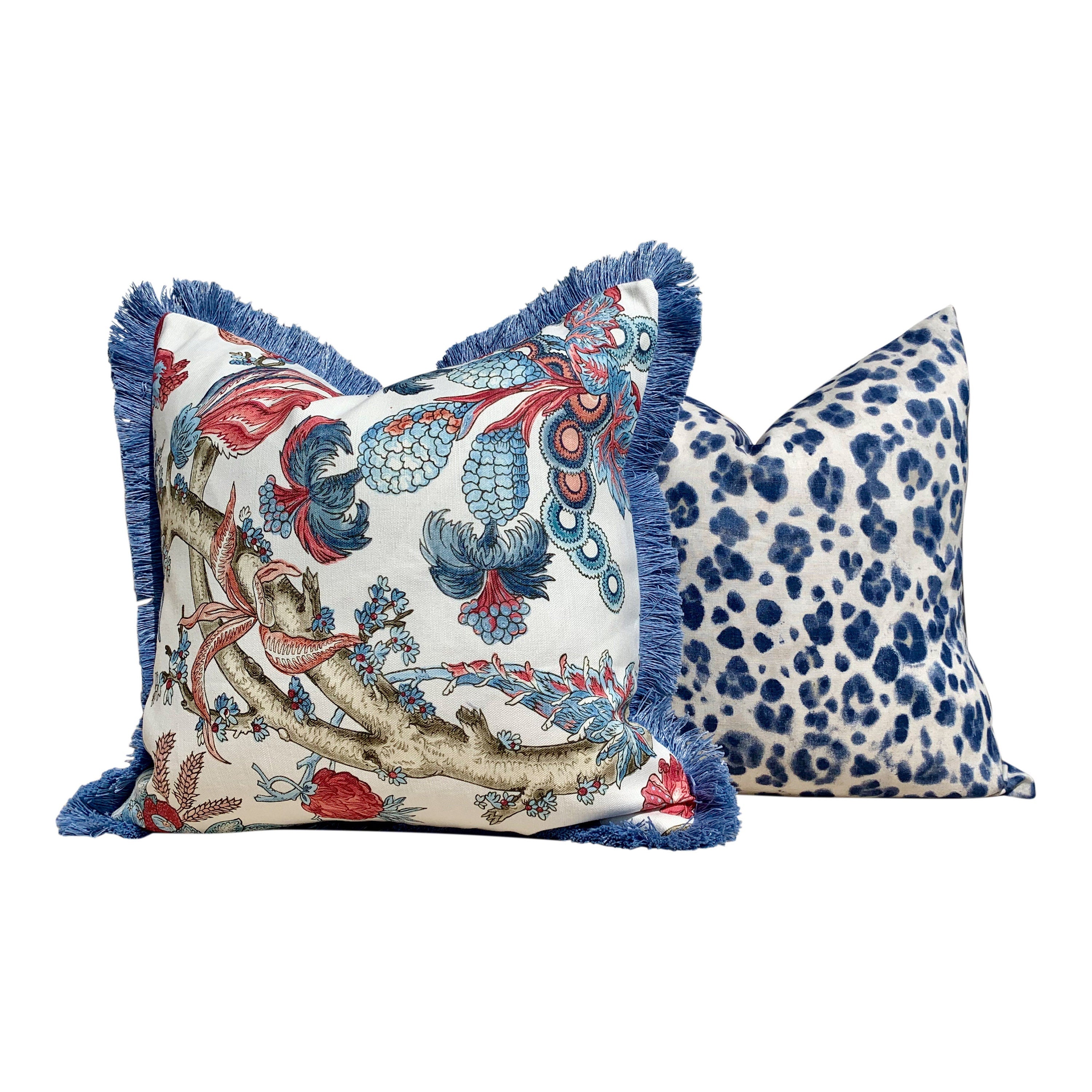 Thibaut Chatelain Pillow Cover in Blue and Red, Blue Brush Fringe. Designer Pillow Cover, Accent lumbar pillow