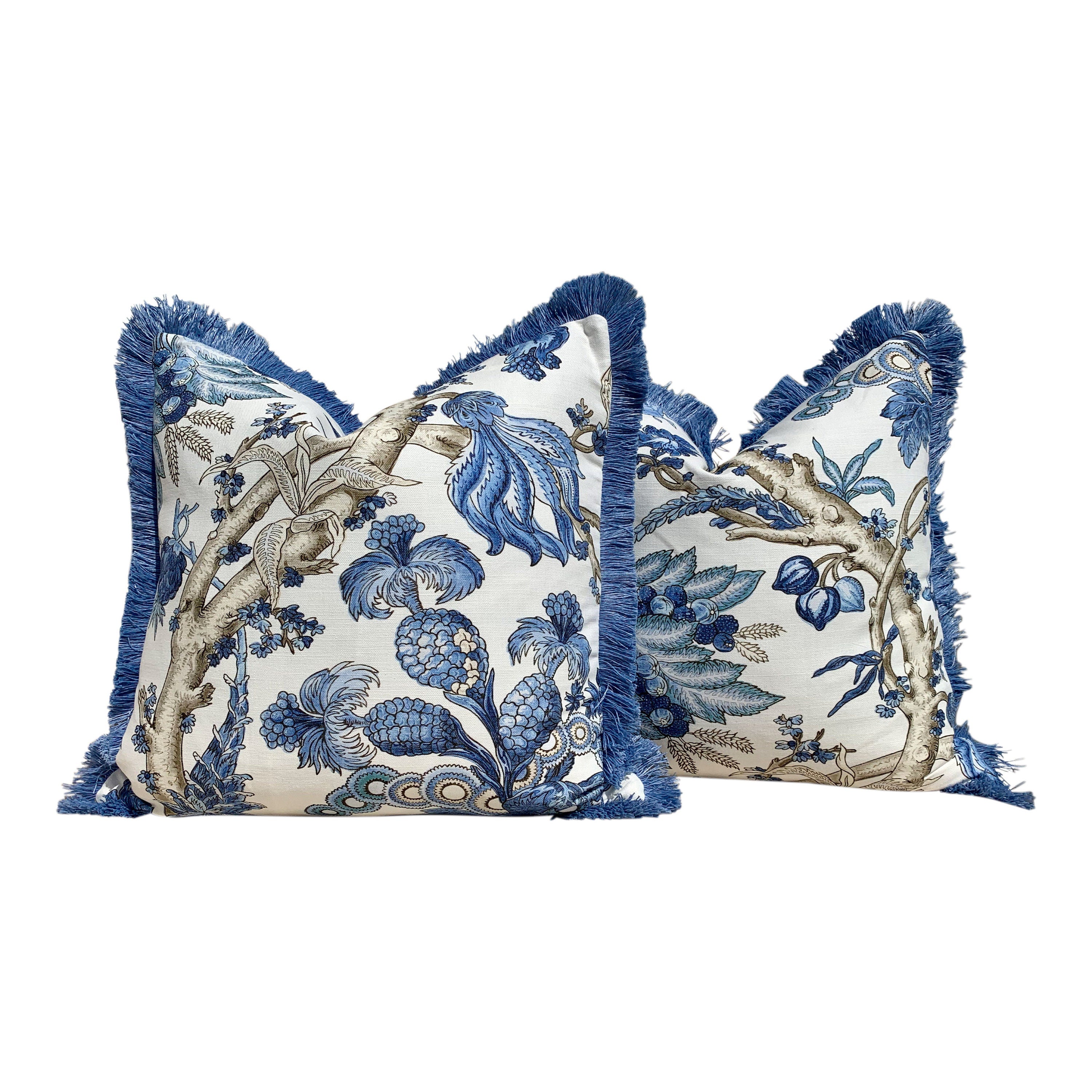 Chatelain French Blue Pillow , Brush Fringe. Floral French Country Blue and White Pillow Cover, Decorative Lumbar Cushion Euro Sham 26x26