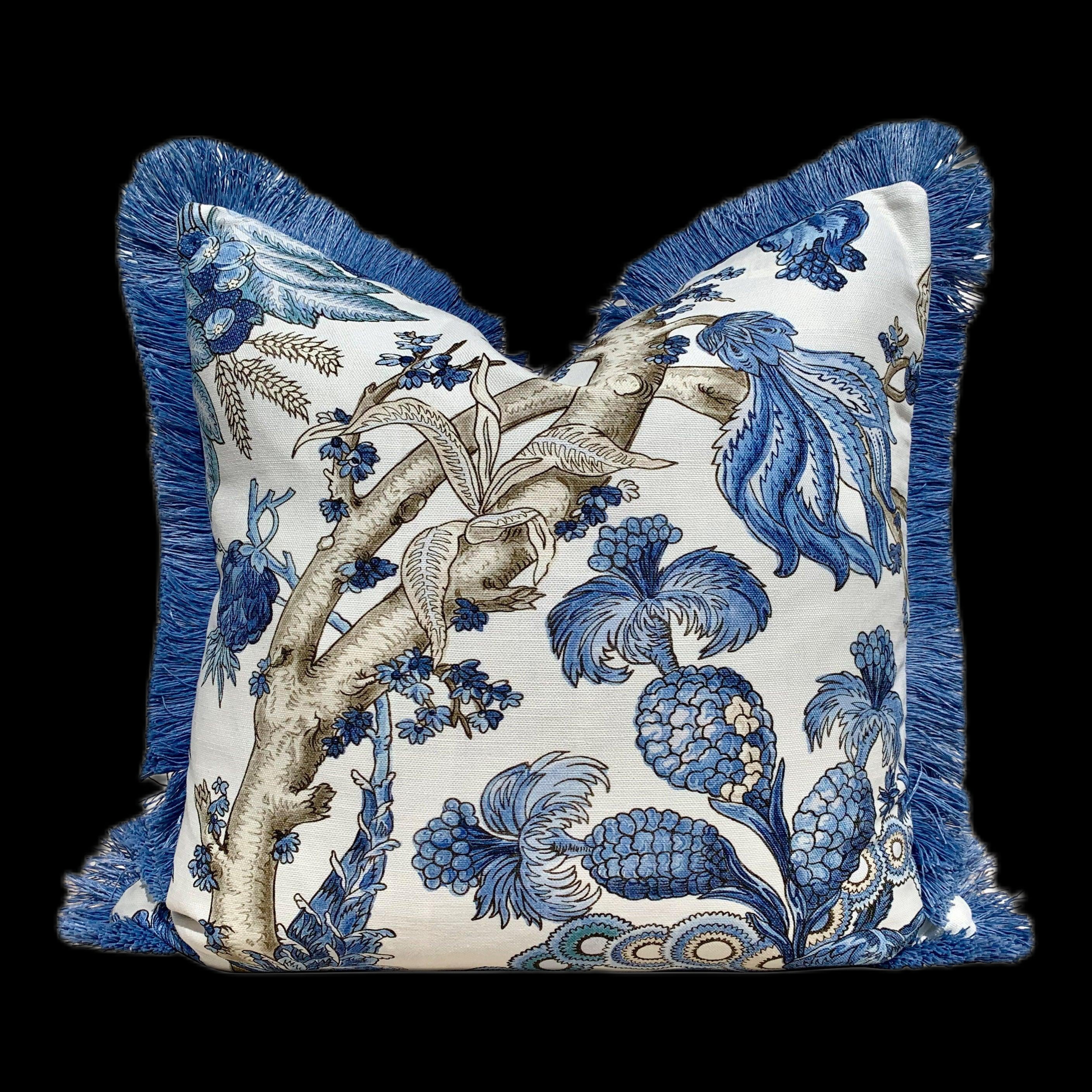 Chatelain French Blue Pillow , Brush Fringe. Floral French Country Blue and White Pillow Cover, Decorative Lumbar Cushion Euro Sham 26x26