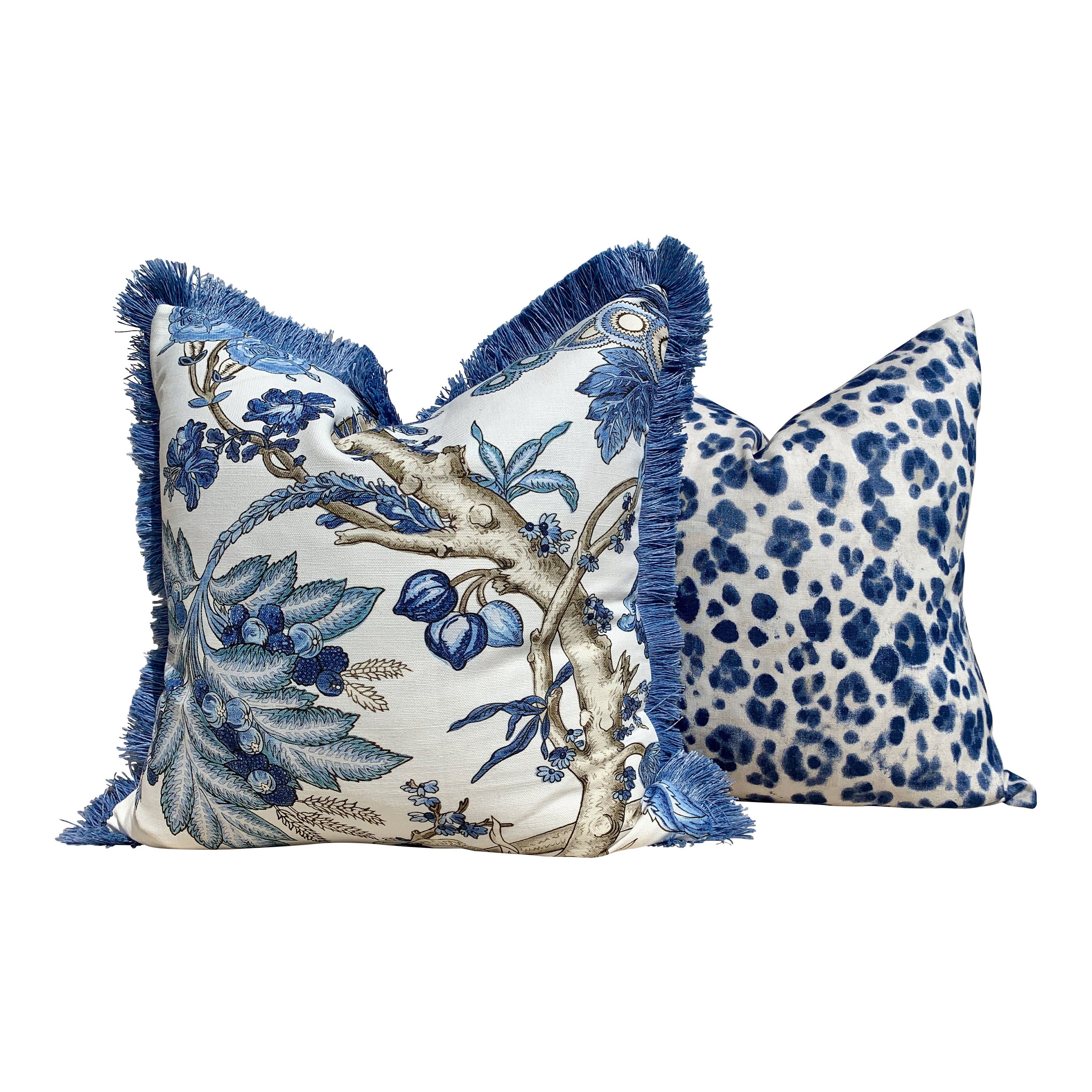 Chatelain French Blue Pillow , Brush Fringe. Floral French Country Blue and White Pillow Cover, Decorative Lumbar Cushion Euro Sham 26x26