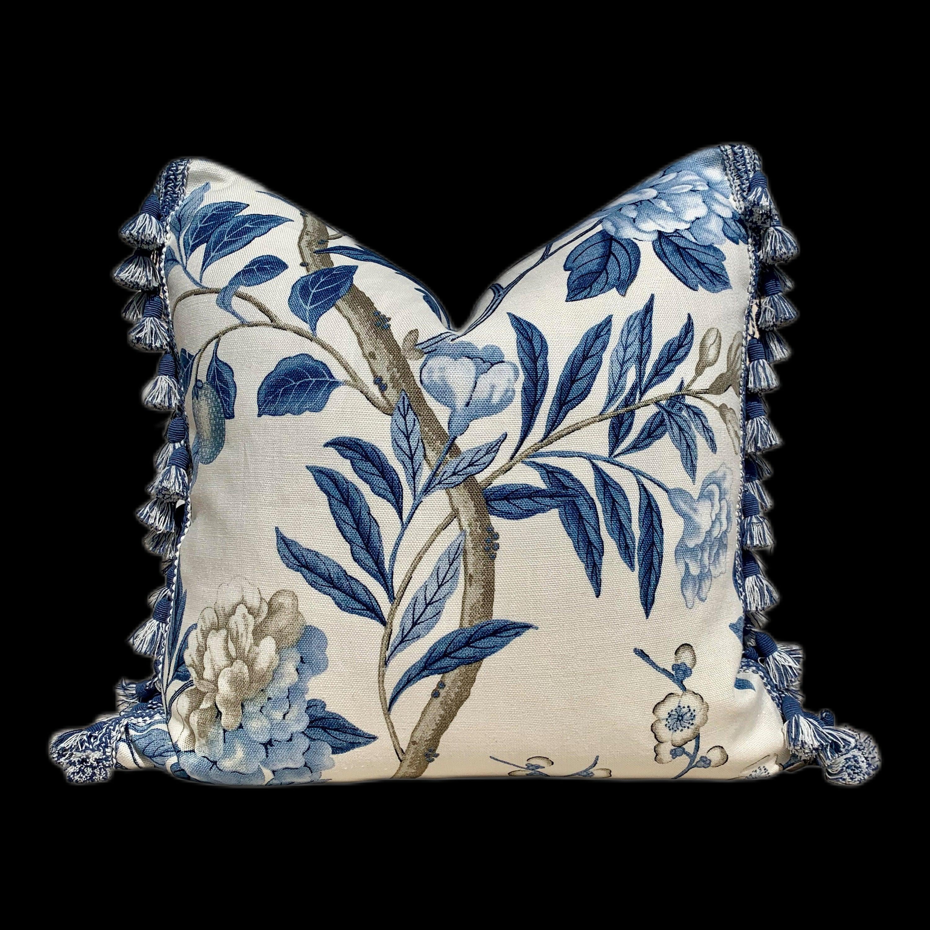 Emperors Garden Pillow, Blue Tassel Trim. Lumbar Decorative Pillow, Designer pillows, accent Chinoiserie cushion cover, Floral Blue Pillow, 