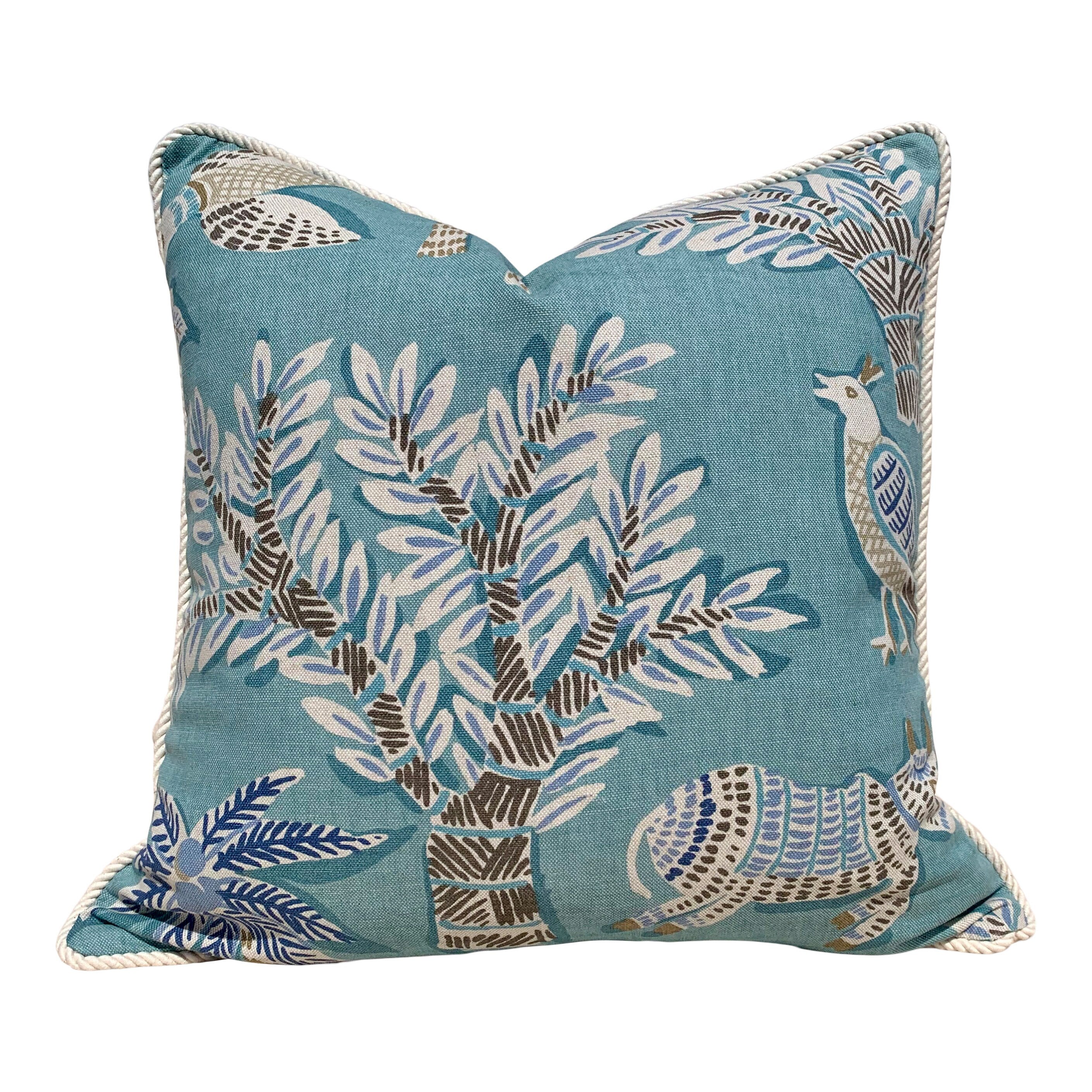 Thibaut Tropical Pillow Teal, Cotton Rope Trim. Decorative pillow, designer pillow cover, accent throw pillow, high end pillow, lumbar throw