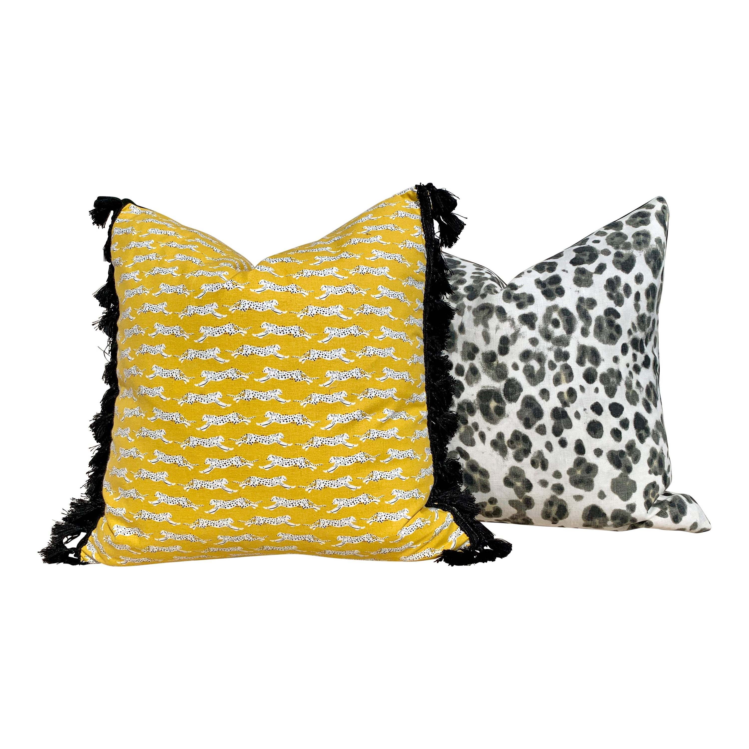 Schumacher Leaping Leopards Pillow in Yellow with Black Tassels. Designer pillows, accent cushion cover, decorative pillow, high end pillow