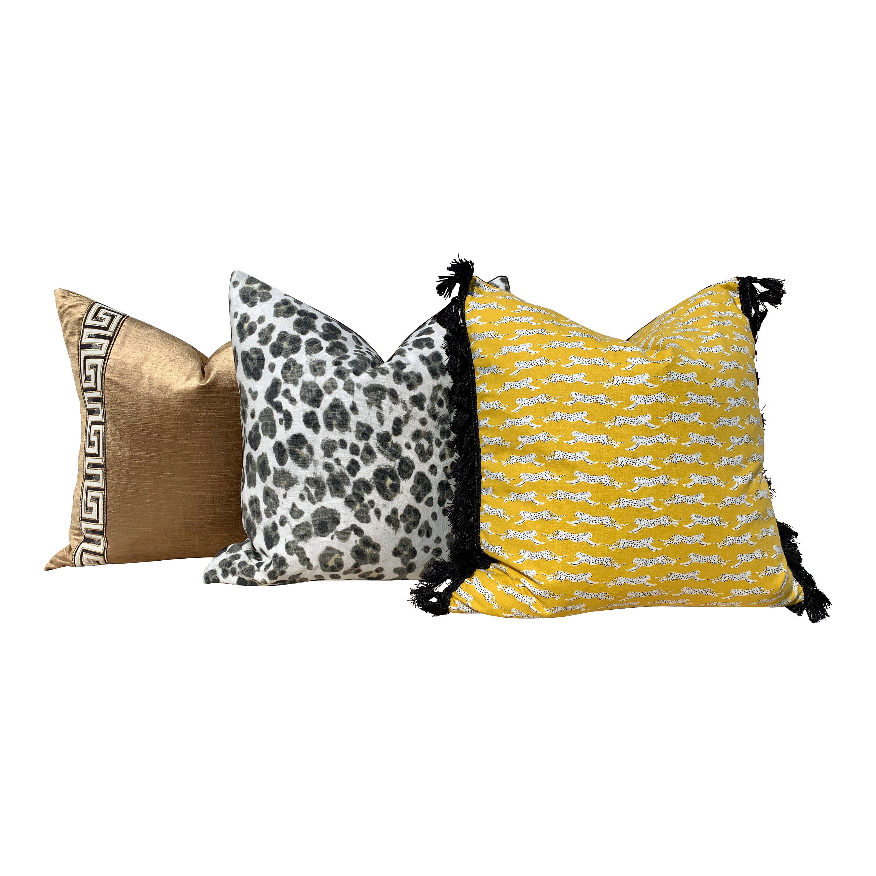 Schumacher Leaping Leopards Pillow in Yellow with Black Tassels. Designer pillows, accent cushion cover, decorative pillow, high end pillow