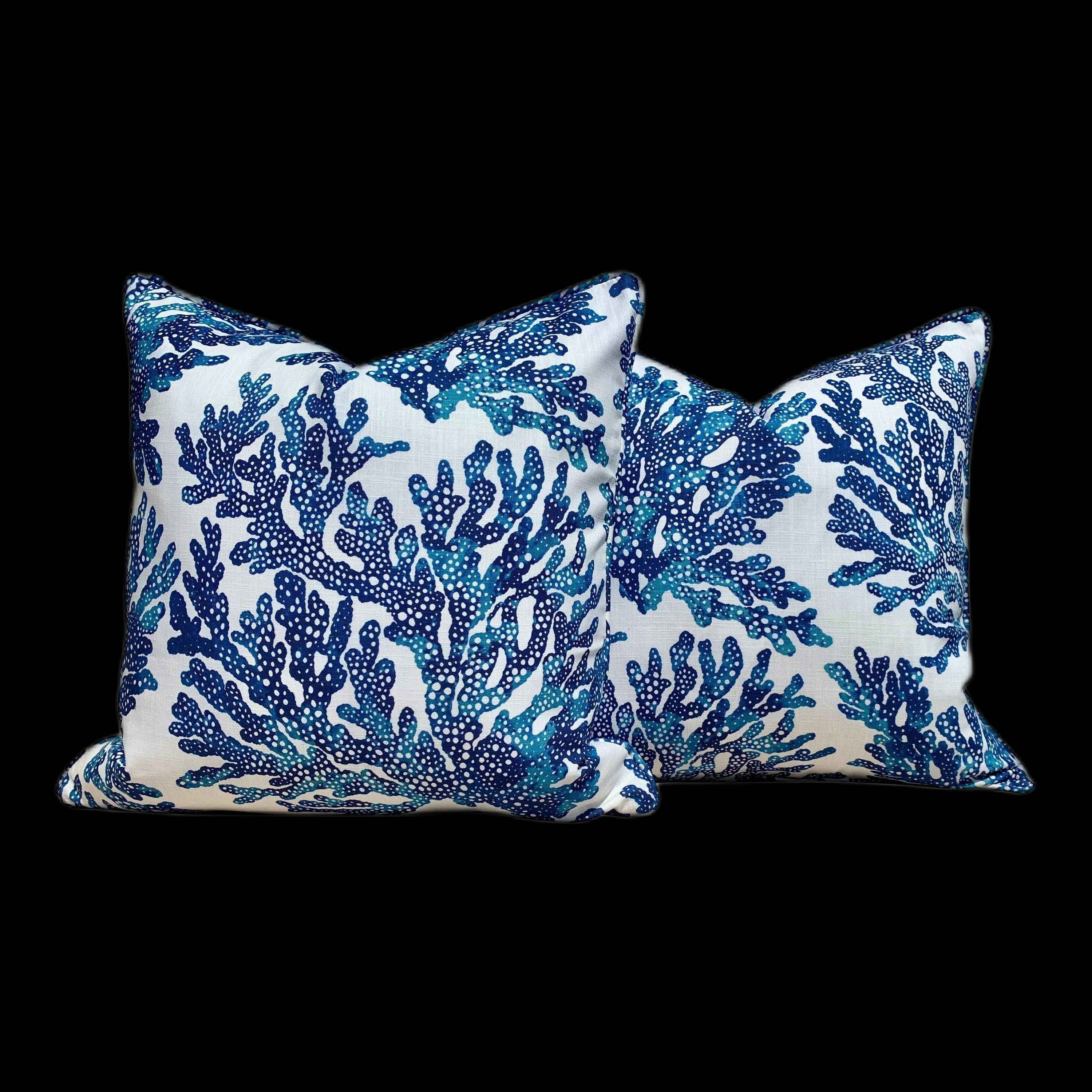 Thibaut Marine Coral Pillow in Blue. Lumbar Coastal Pillow. Designer Coastal Pillow, Tropical Accent Pillow, Lumbar Pillow Throw