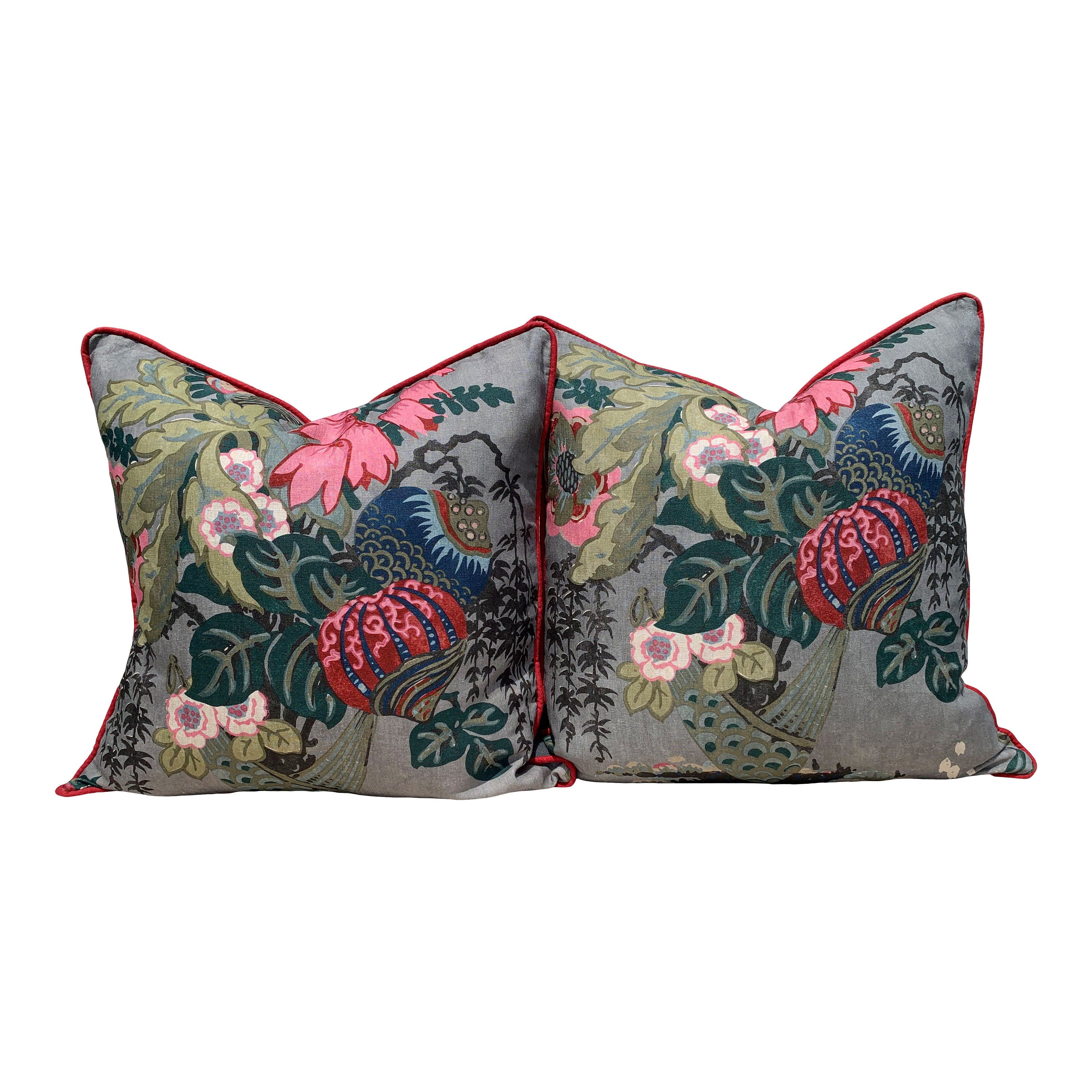 Thibaut Fairbanks Floral Pillow Embellished with Red Pipping. Designer Pillow, Accent Cushion Cover, Gray  Throw Pillow, Multicolor Pillow