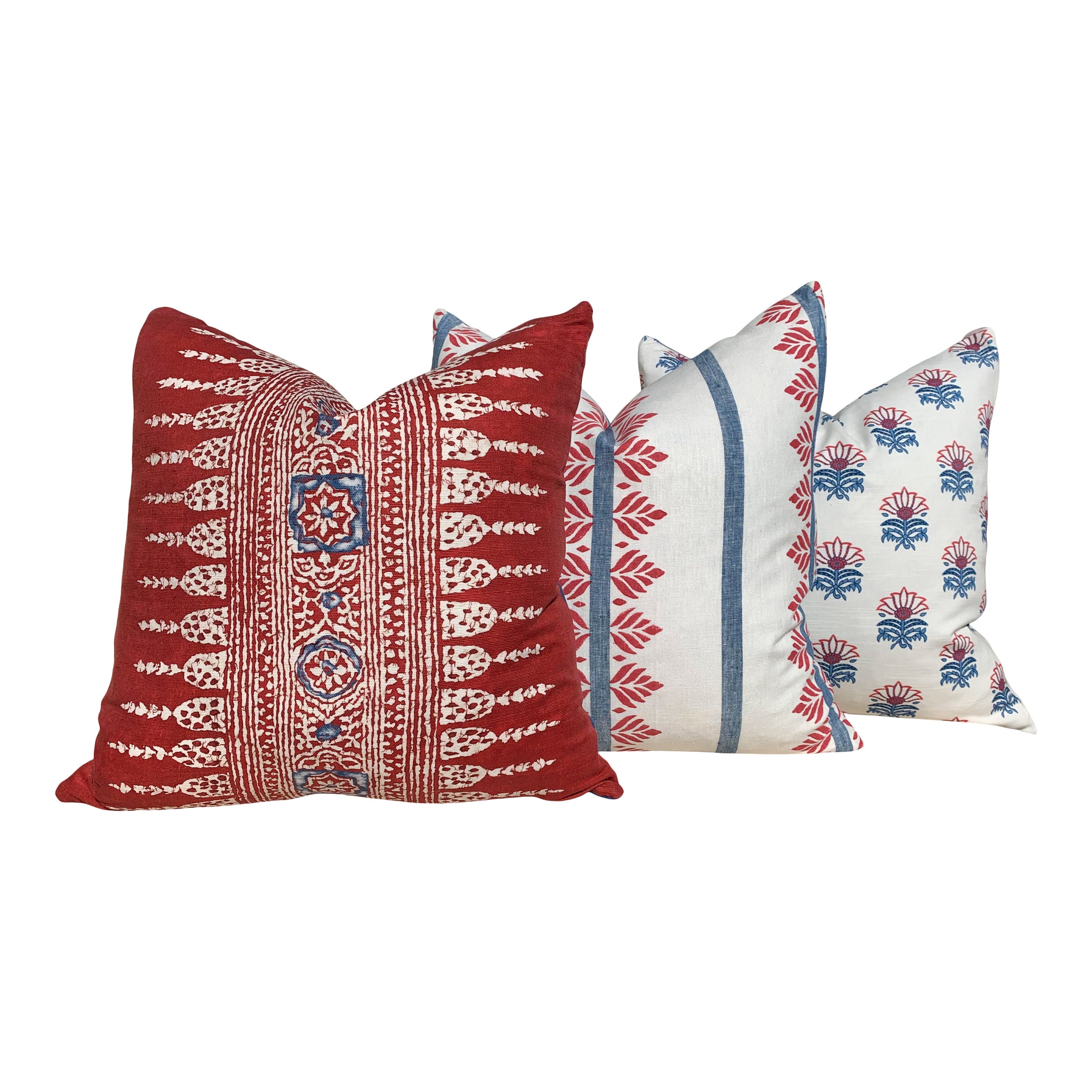 Thibaut Javanese Stripe Pillow in Red. Lumbar Striped Pillow, Boho Red Pillow, Euro Sham 26X26, Blue and Red Cushion Cover, 