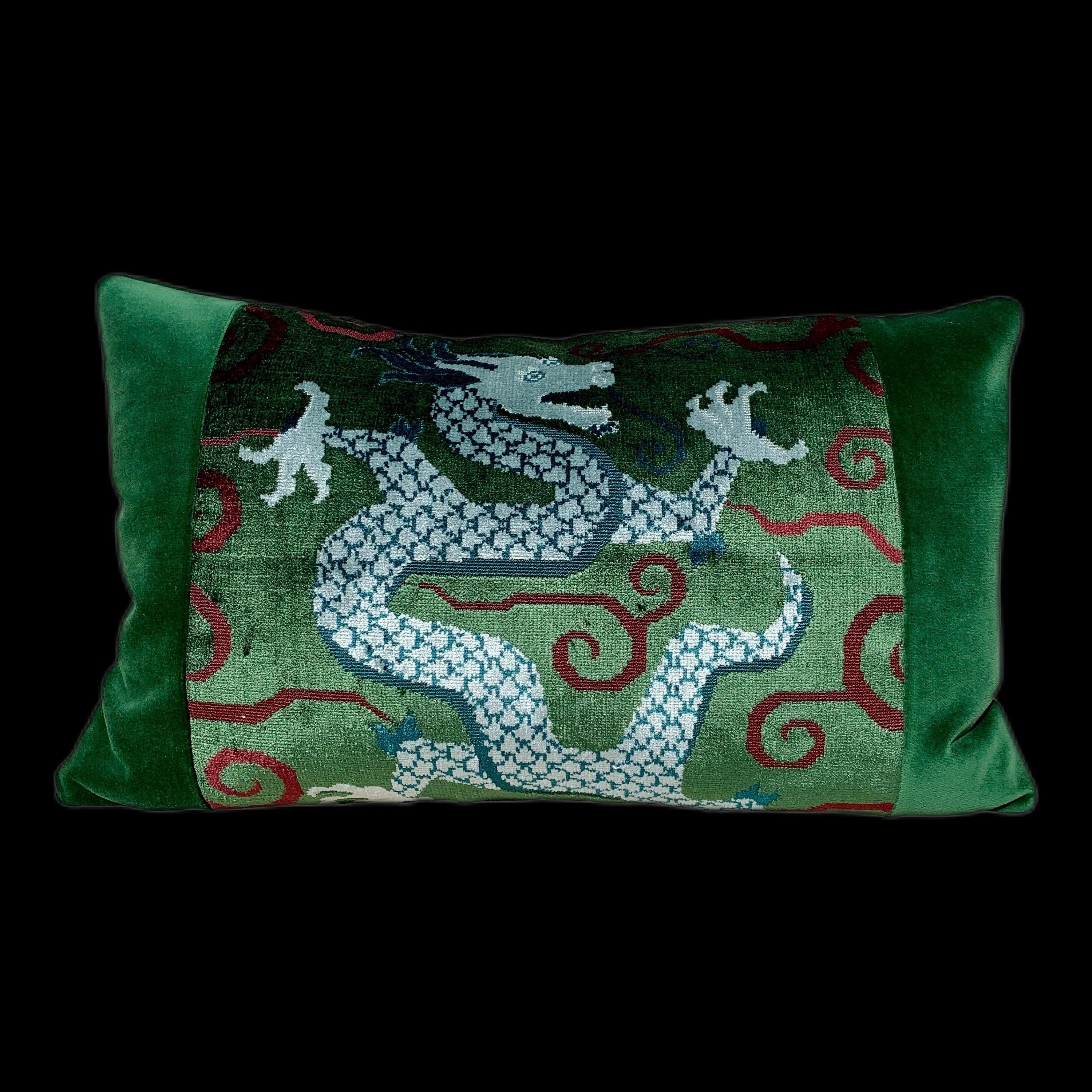 Schumacher Bixi Velvet Lumbar Pillow in Green. Lumbar Decorative Velvet Pillow. Designer pillows, accent cushion cover, decorative pillow