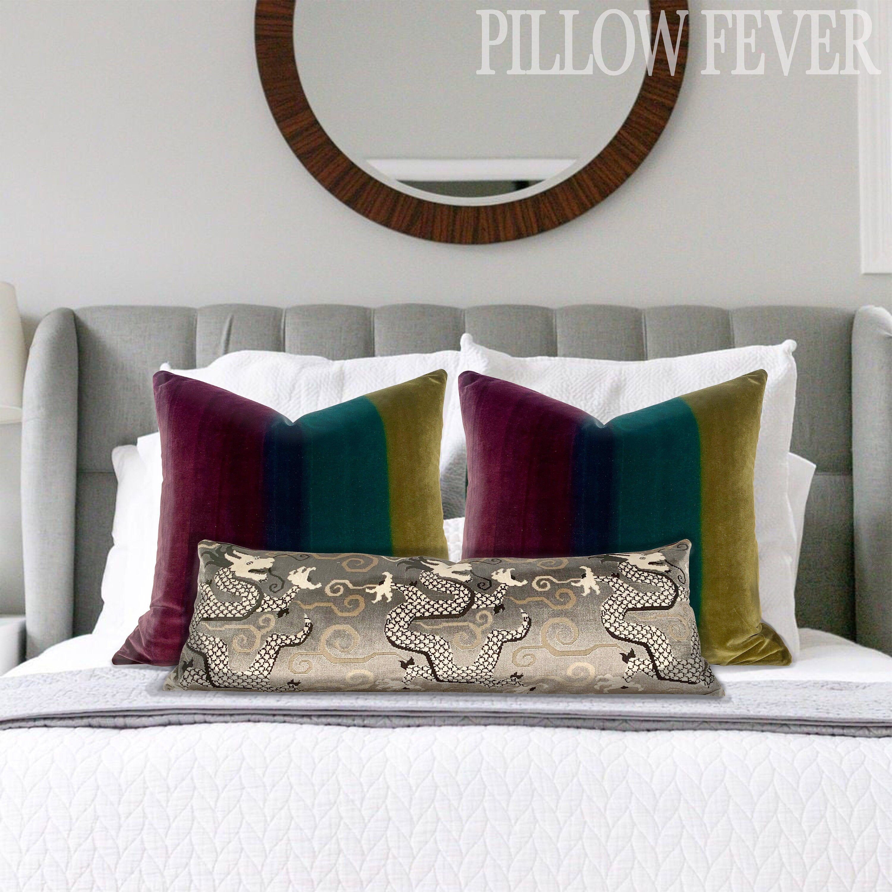 Schumacher Bixi Velvet Lumbar Pillow in Smoke. Dragon Velvet Pillow.