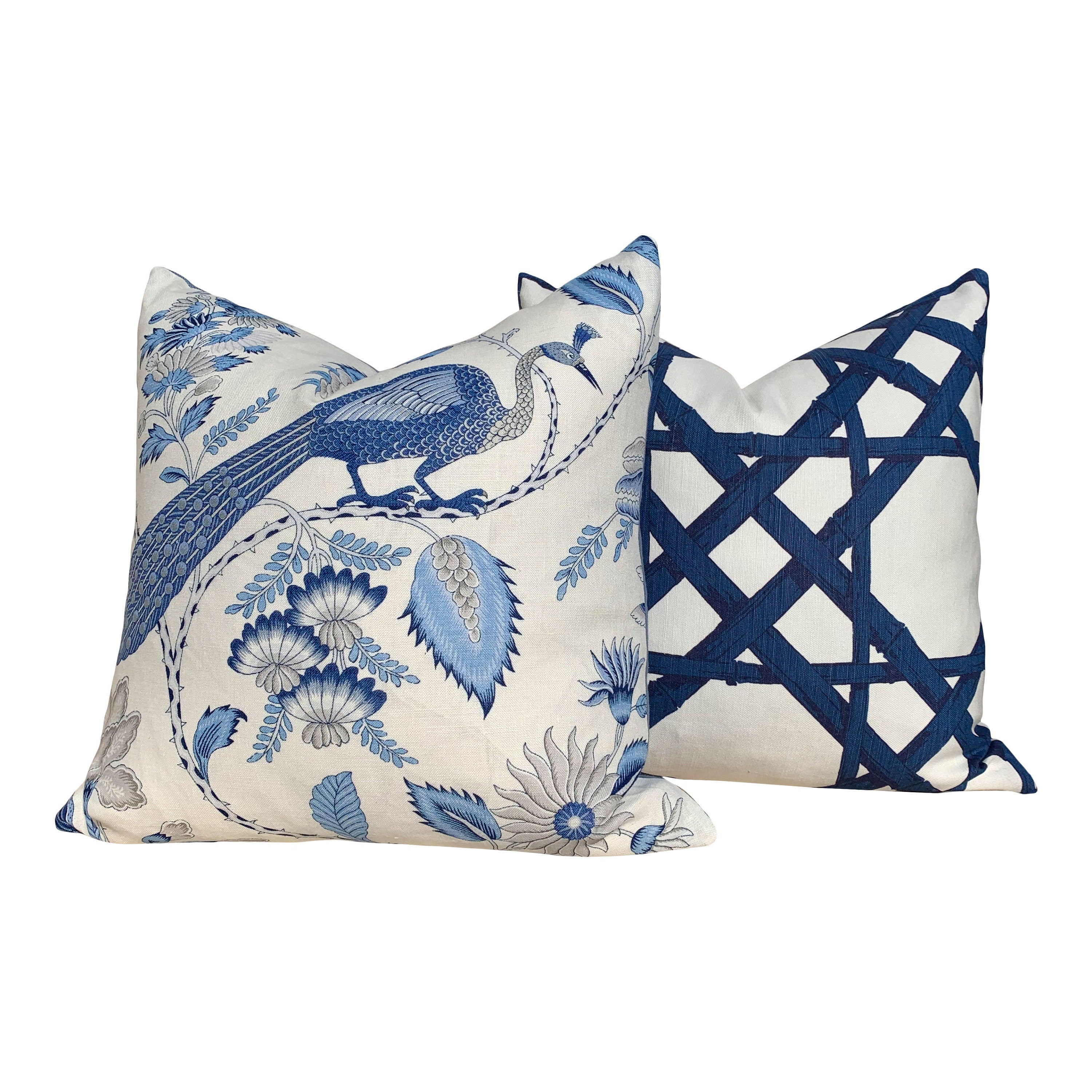 Schumacher Champagne Pillow in Blue and Gris. Lumbar Linen Pillow, designer pillow, accent cushion cover, decorative pillow