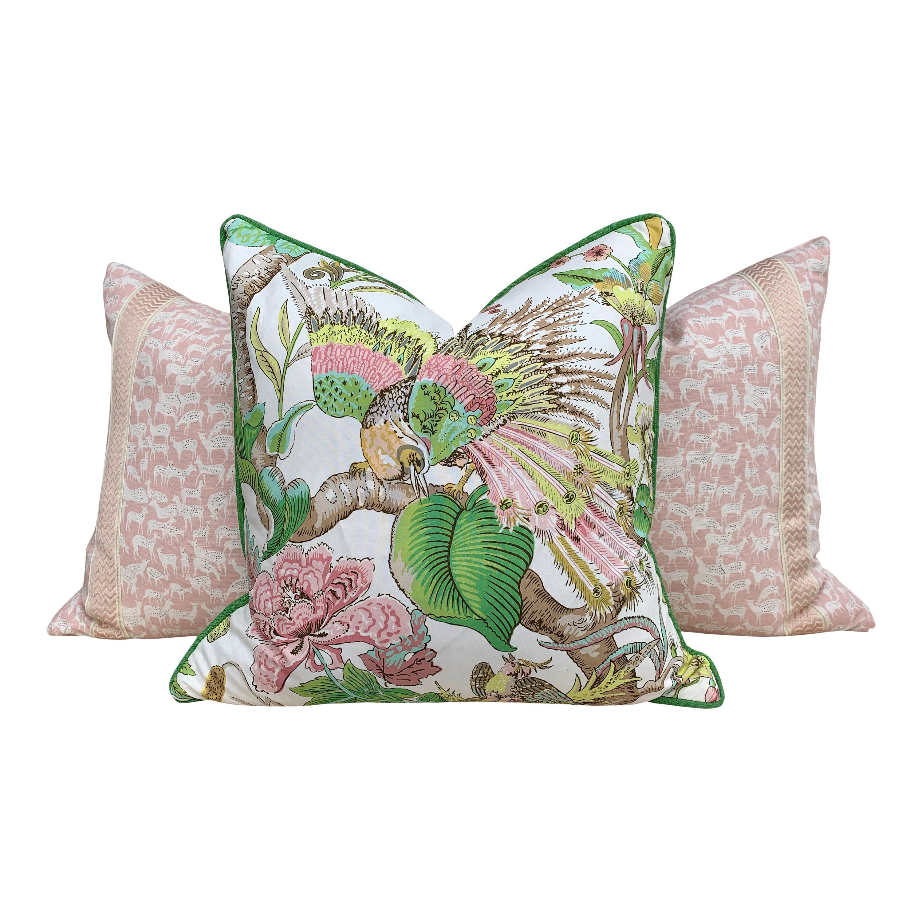 Schumacher Cranley Garden Green Pillow. Chinoiserie Green Pillow, Green Pink Pillow, Euro sham Cushion, Exotic Bird Accent Cushion Cover