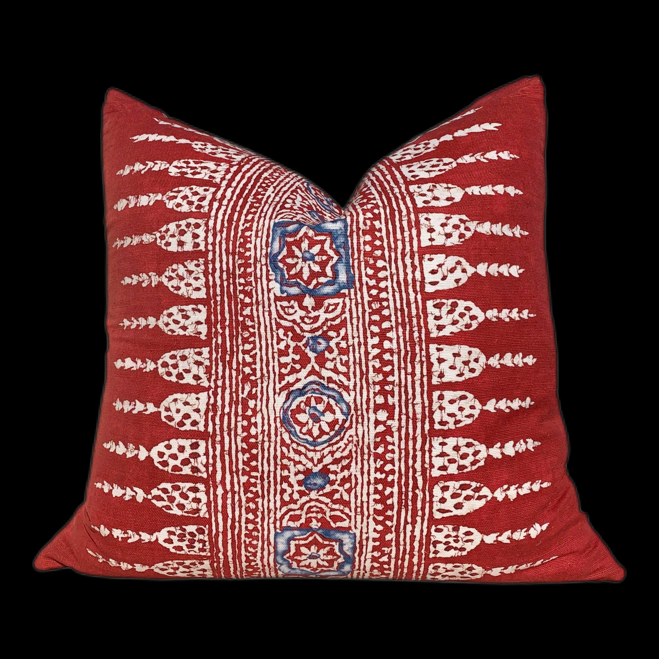Thibaut Javanese Stripe Pillow in Red. Lumbar Striped Pillow, Boho Red Pillow, Euro Sham 26X26, Blue and Red Cushion Cover, 