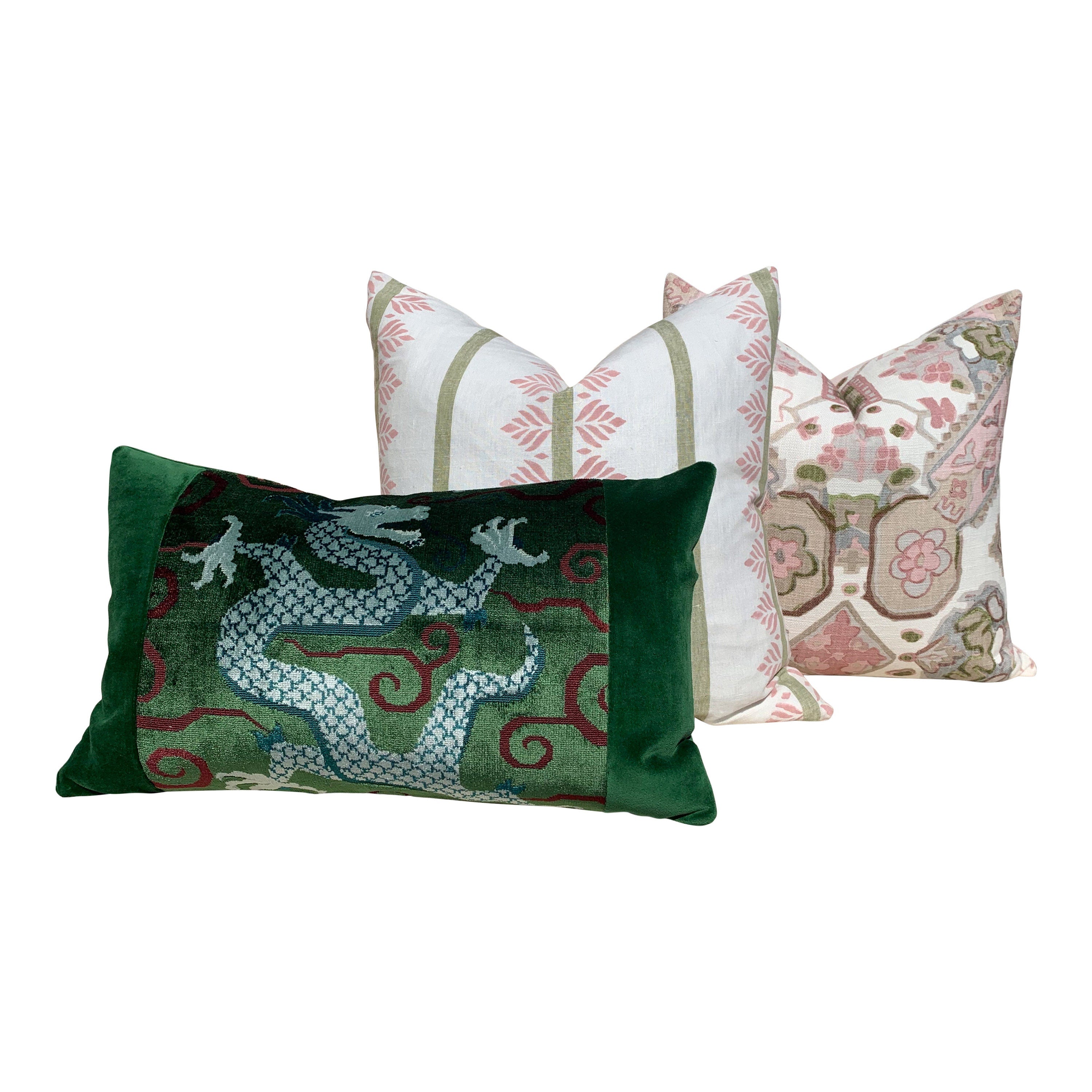 Schumacher Bixi Velvet Lumbar Pillow in Green. Lumbar Decorative Velvet Pillow. Designer pillows, accent cushion cover, decorative pillow