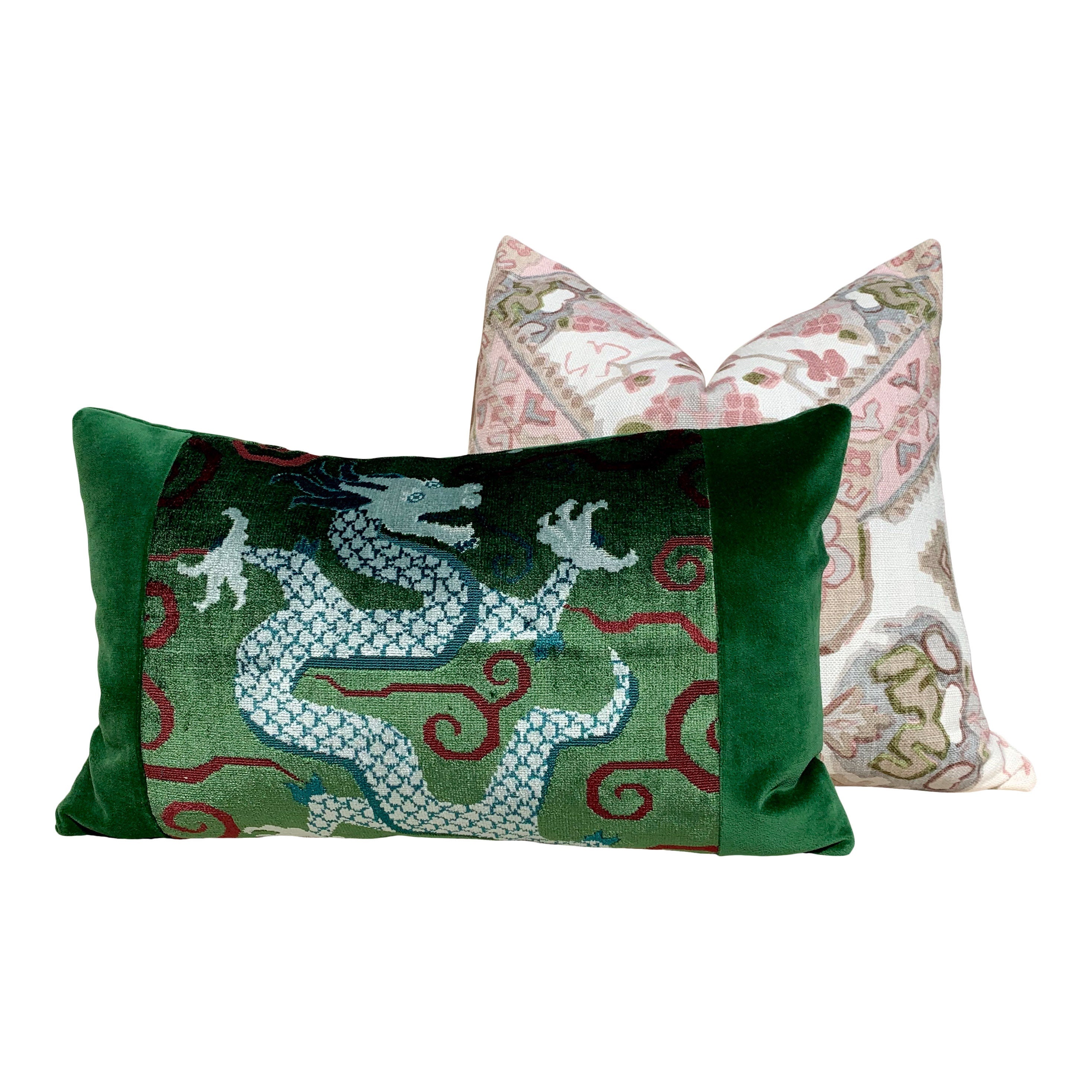 Schumacher Bixi Velvet Lumbar Pillow in Green. Lumbar Decorative Velvet Pillow. Designer pillows, accent cushion cover, decorative pillow