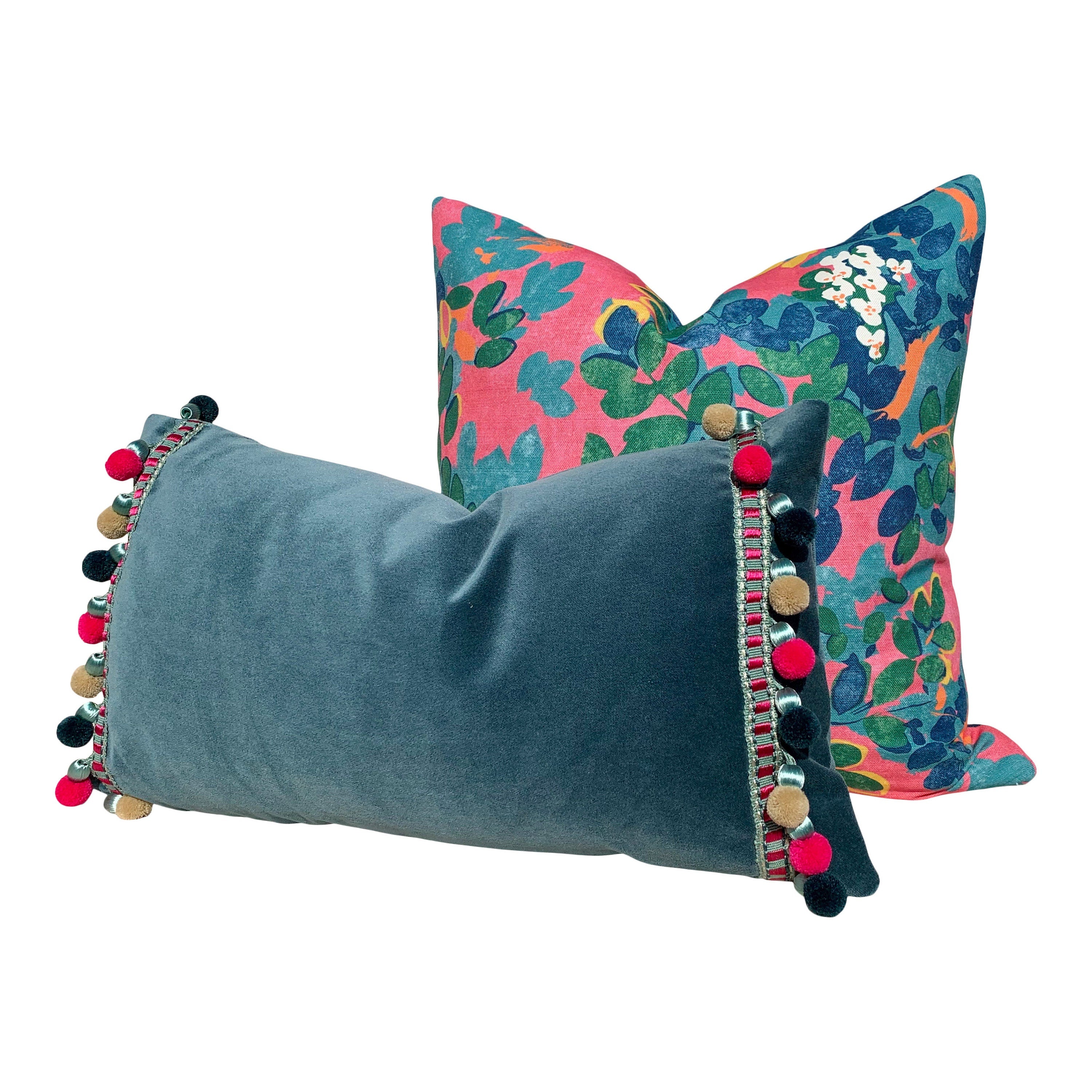 Thibaut Central Park Pillow in Teal and Pink. Designer Pillow Cover, Accent lumbar pillow, High End Floral Pillow Sham