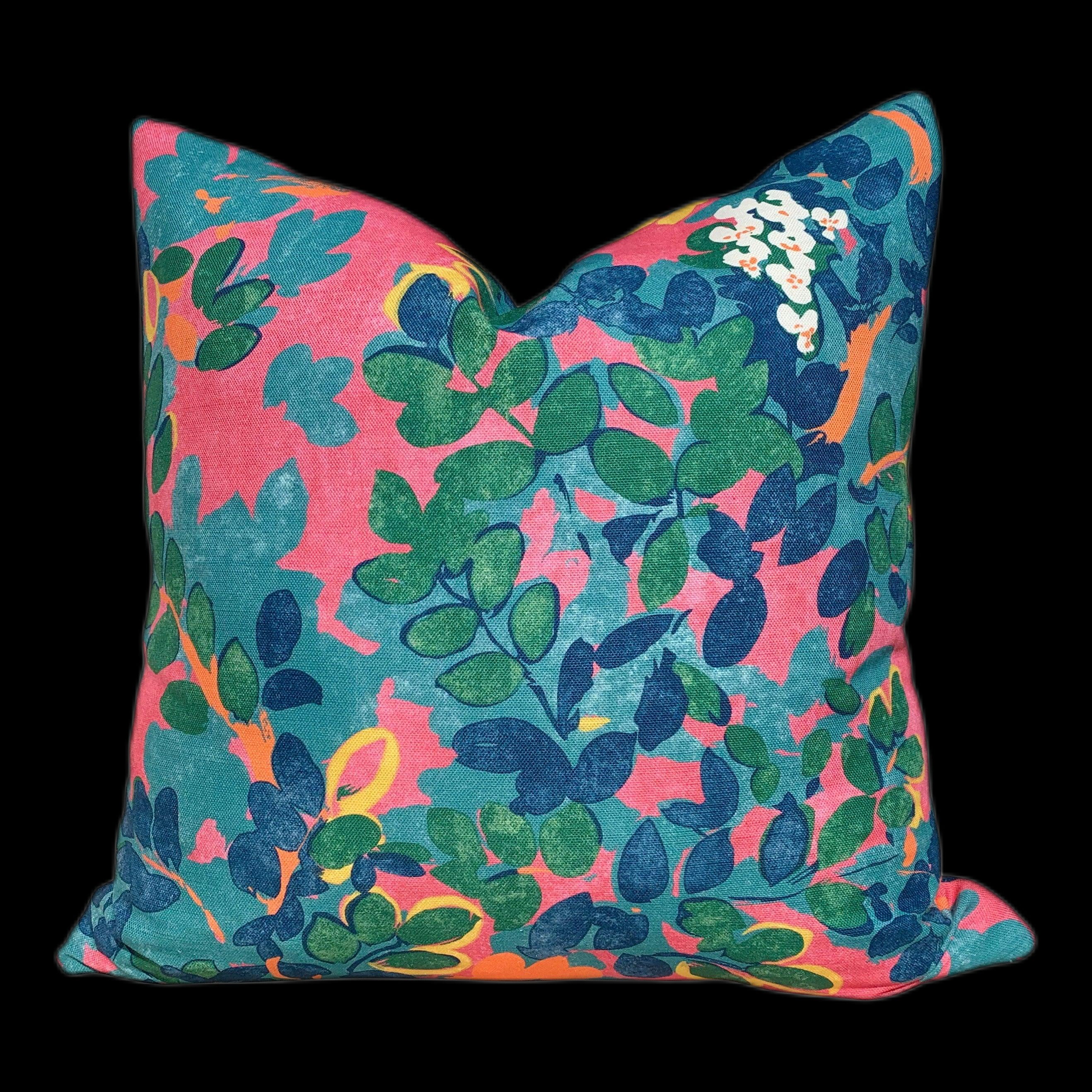 Thibaut Central Park Pillow in Teal and Pink. Designer Pillow Cover, Accent lumbar pillow, High End Floral Pillow Sham