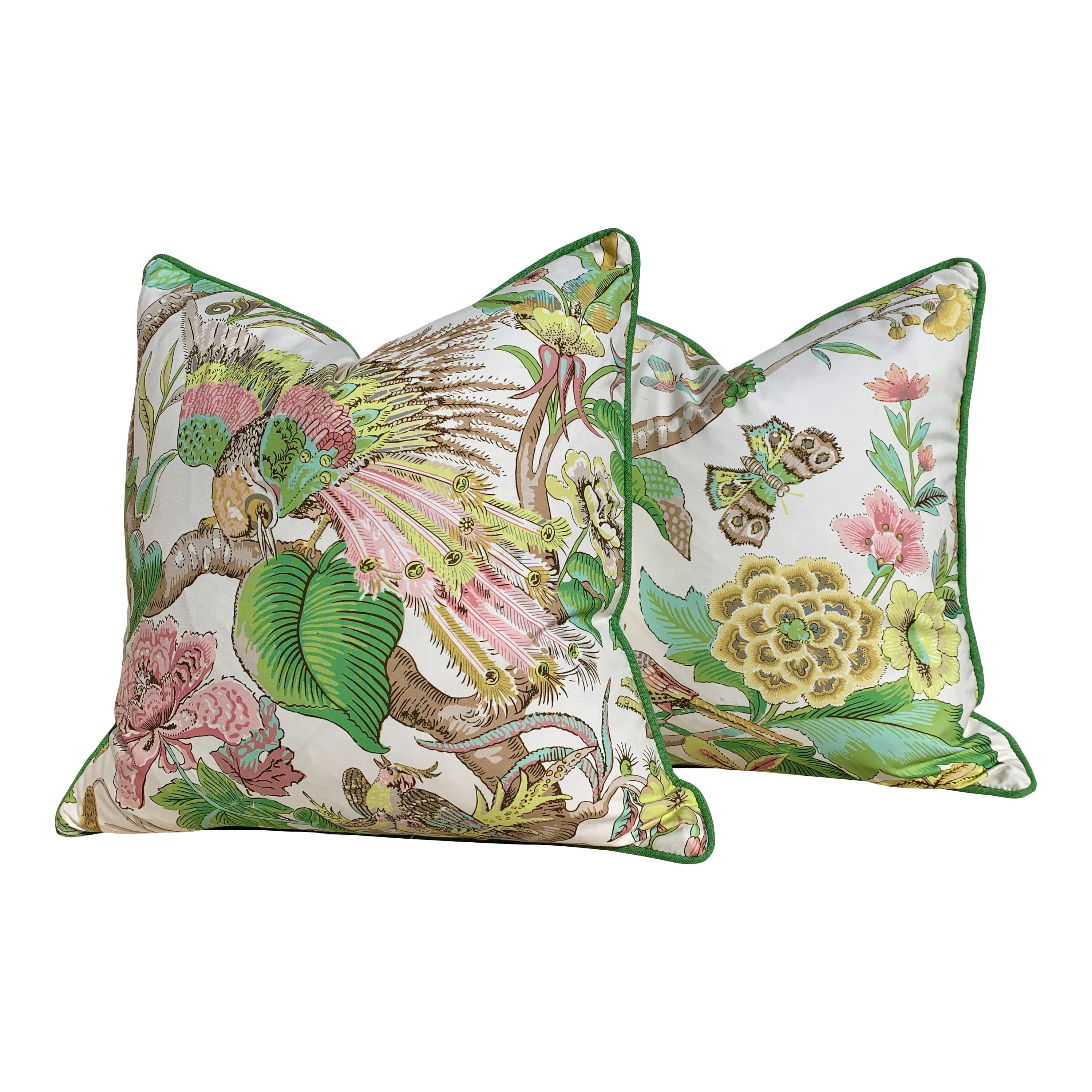 Schumacher Cranley Garden Green Pillow. Chinoiserie Green Pillow, Green Pink Pillow, Euro sham Cushion, Exotic Bird Accent Cushion Cover