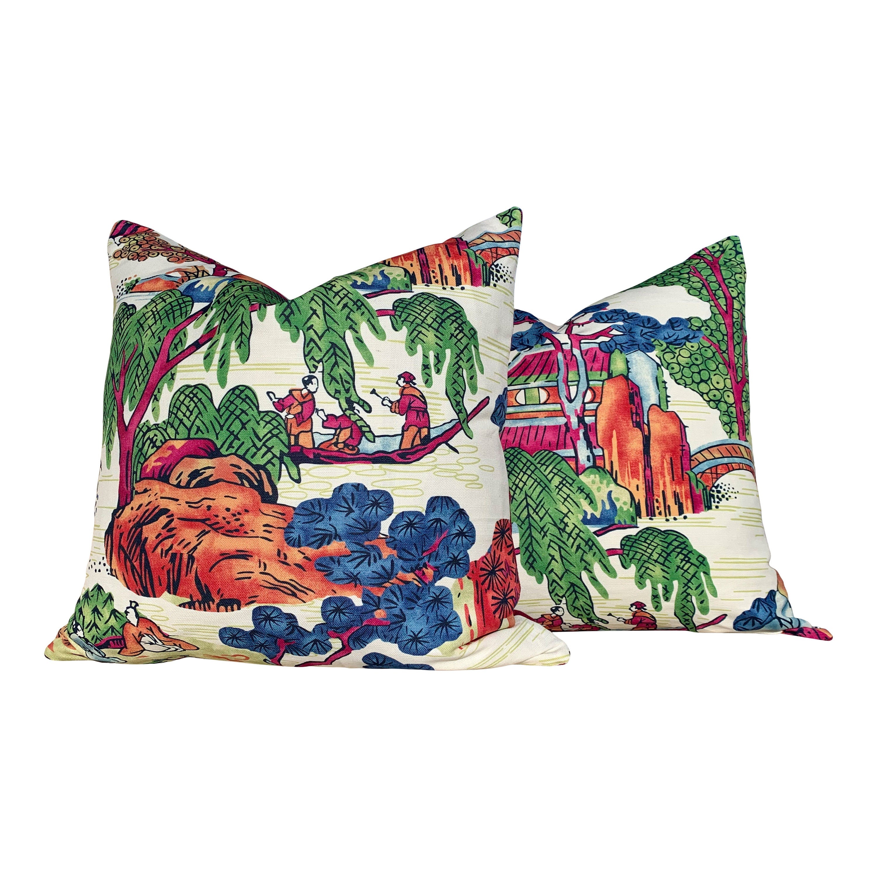 Asian Scenic Pillow Burnt Orange. Chinoiserie Pillow, Asian Lumbar Pillow, Pagoda Pillow in Berry and Green, Tea House Orange Green Pillow