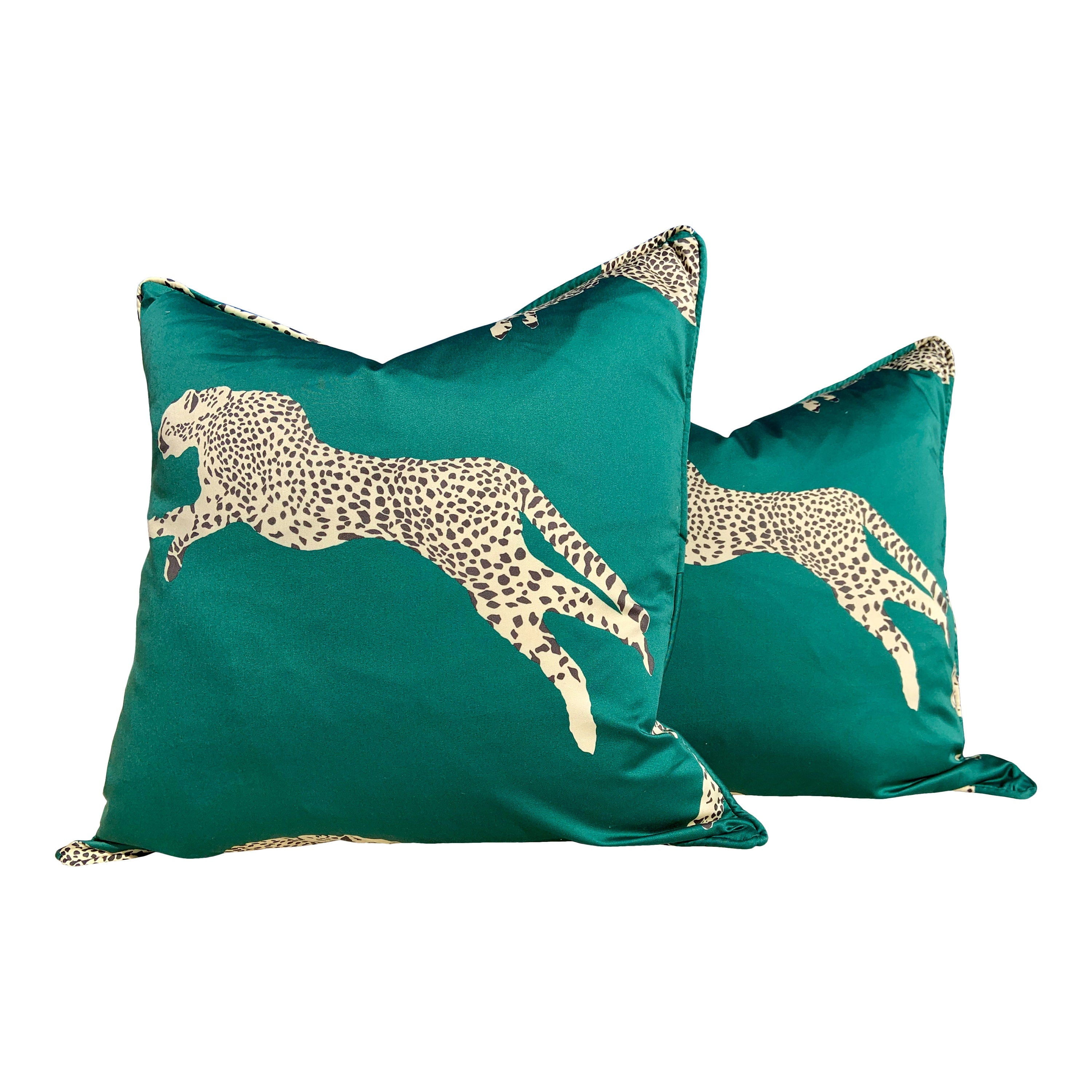 Leaping Cheetah Evergreen Pillow. Designer Throw Pillow, Emerald Pillow Cover, Exotic Green Pillow, Decorative Lumbar Pillow, Accent  Pillow