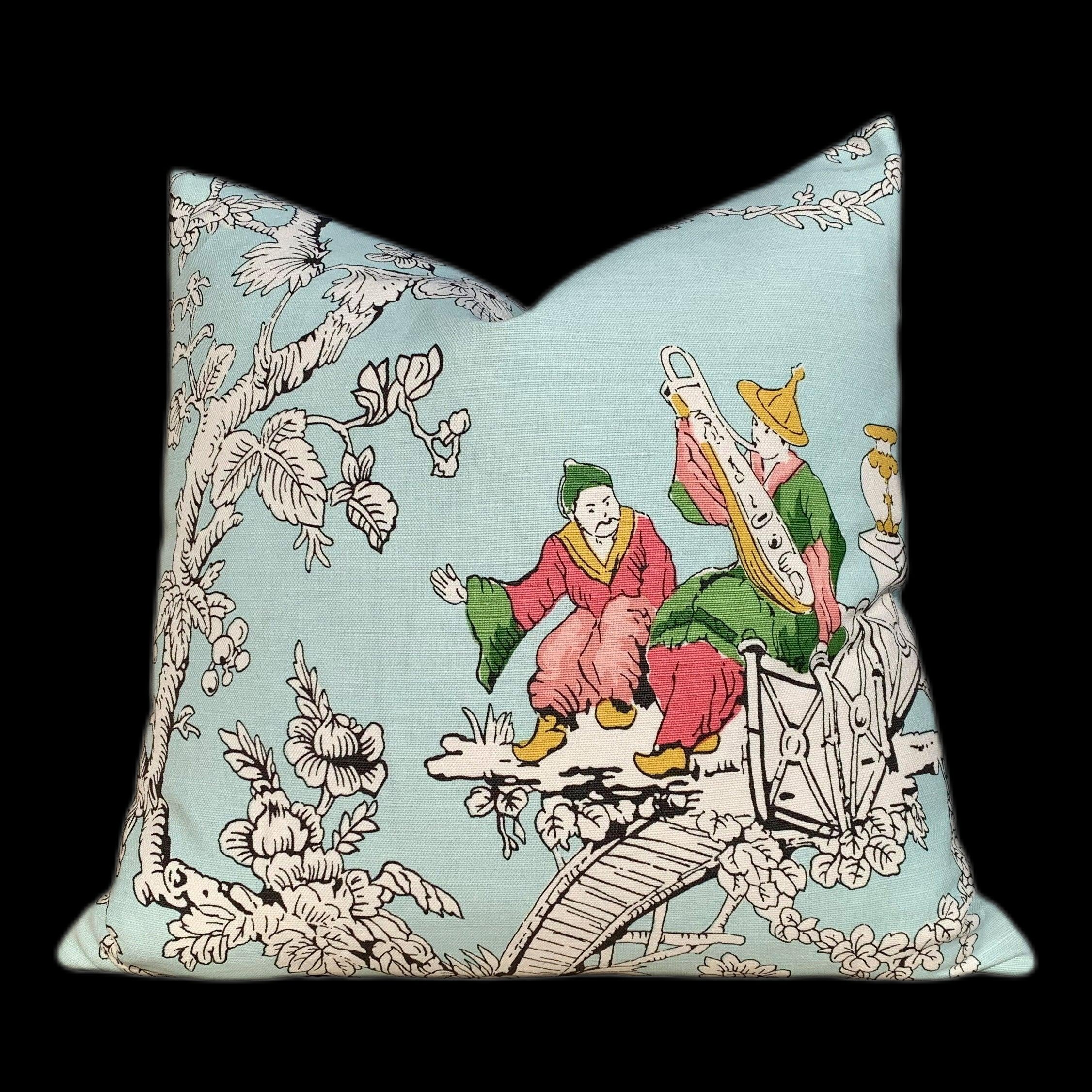 Schumacher Chinoiserie Moderne Pillow in Aqua Blue . High End Pillow, Designer Pillow Cover, Chinoiserie Pillow Aqua Blue, Luxurious  Gift