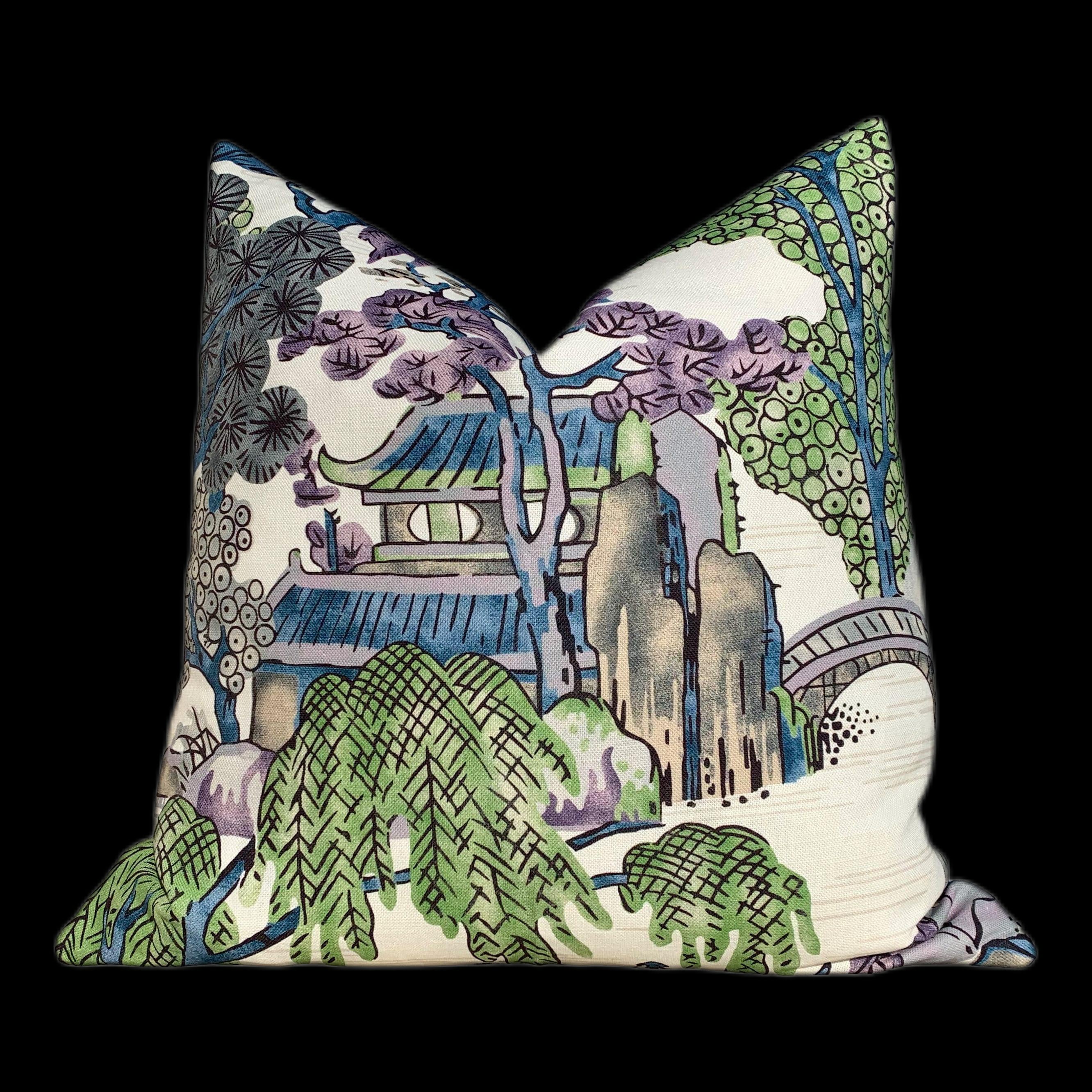 Thibaut "Asian Scenic" Pillow  Green Purple. Accent Pillow Cover, Designer Cushion, Decorative Pillow, High End Pillow, Chinoiserie Pillow