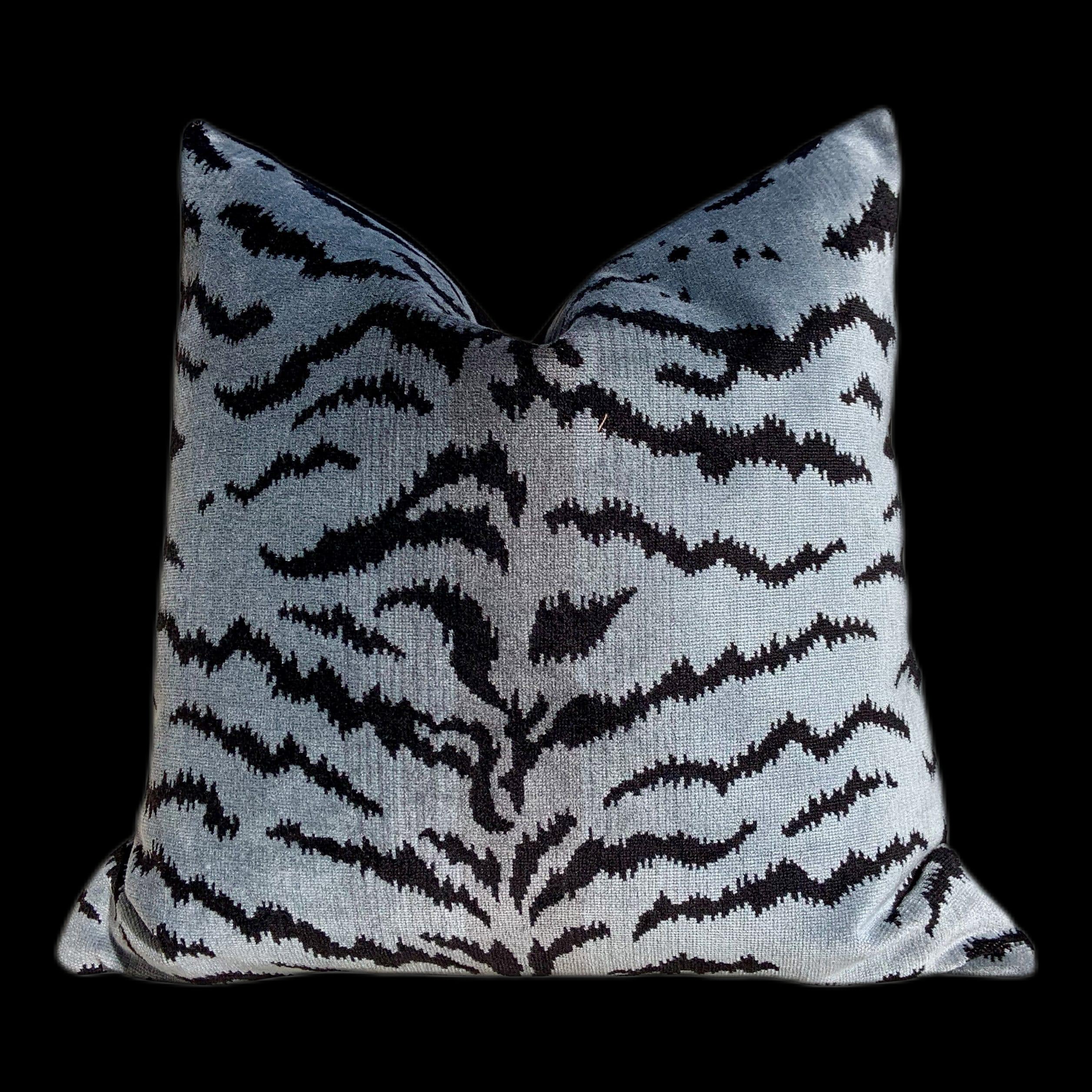 Scalamandre Tigre Velvet Pillow, Silver and Black. Lumbar Velvet Pillow, Tiger Stripes Designer Cushion, Silver Black Strped Pillow