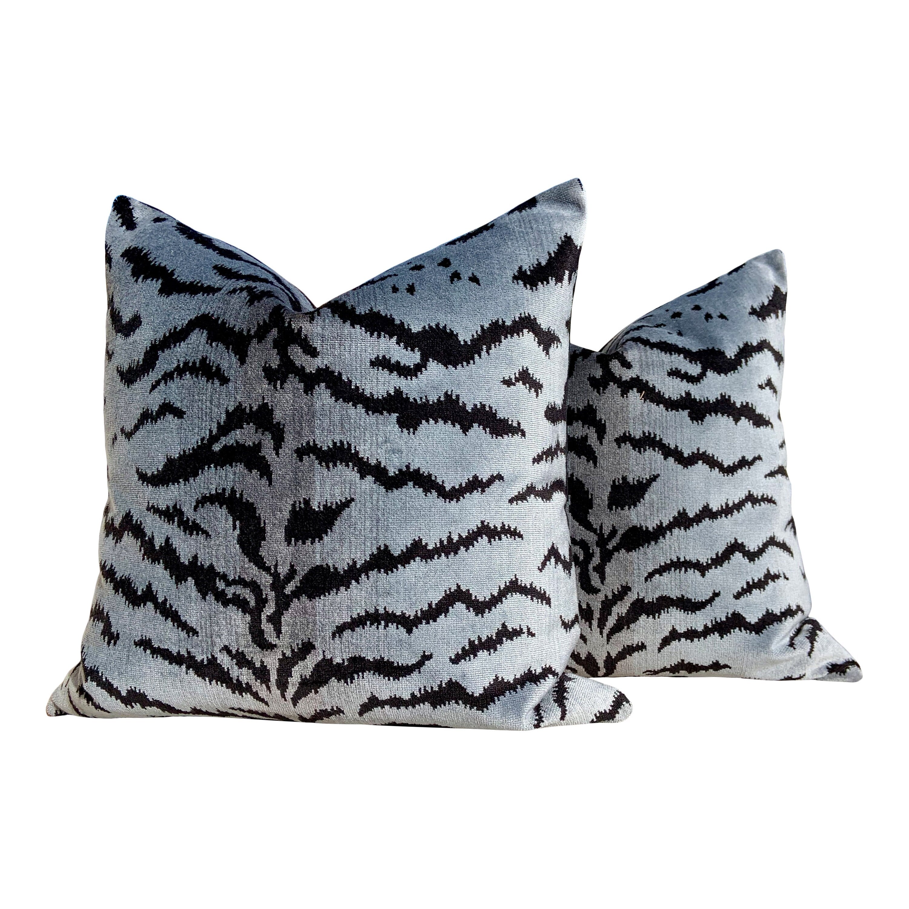 Scalamandre Tigre Velvet Pillow, Silver and Black. Lumbar Velvet Pillow, Tiger Stripes Designer Cushion, Silver Black Strped Pillow