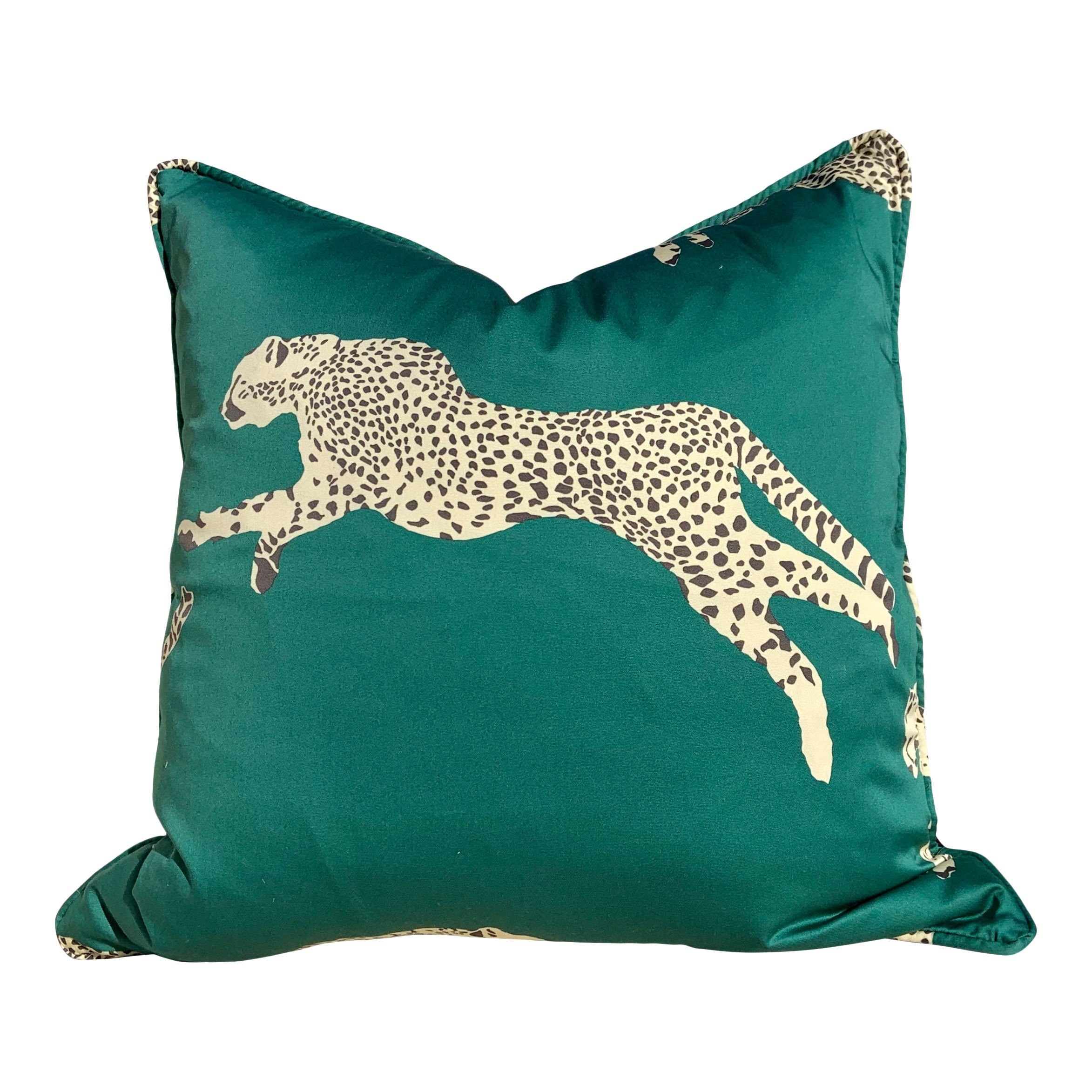 Leaping Cheetah Evergreen Pillow. Designer Throw Pillow, Emerald Pillow Cover, Exotic Green Pillow, Decorative Lumbar Pillow, Accent  Pillow