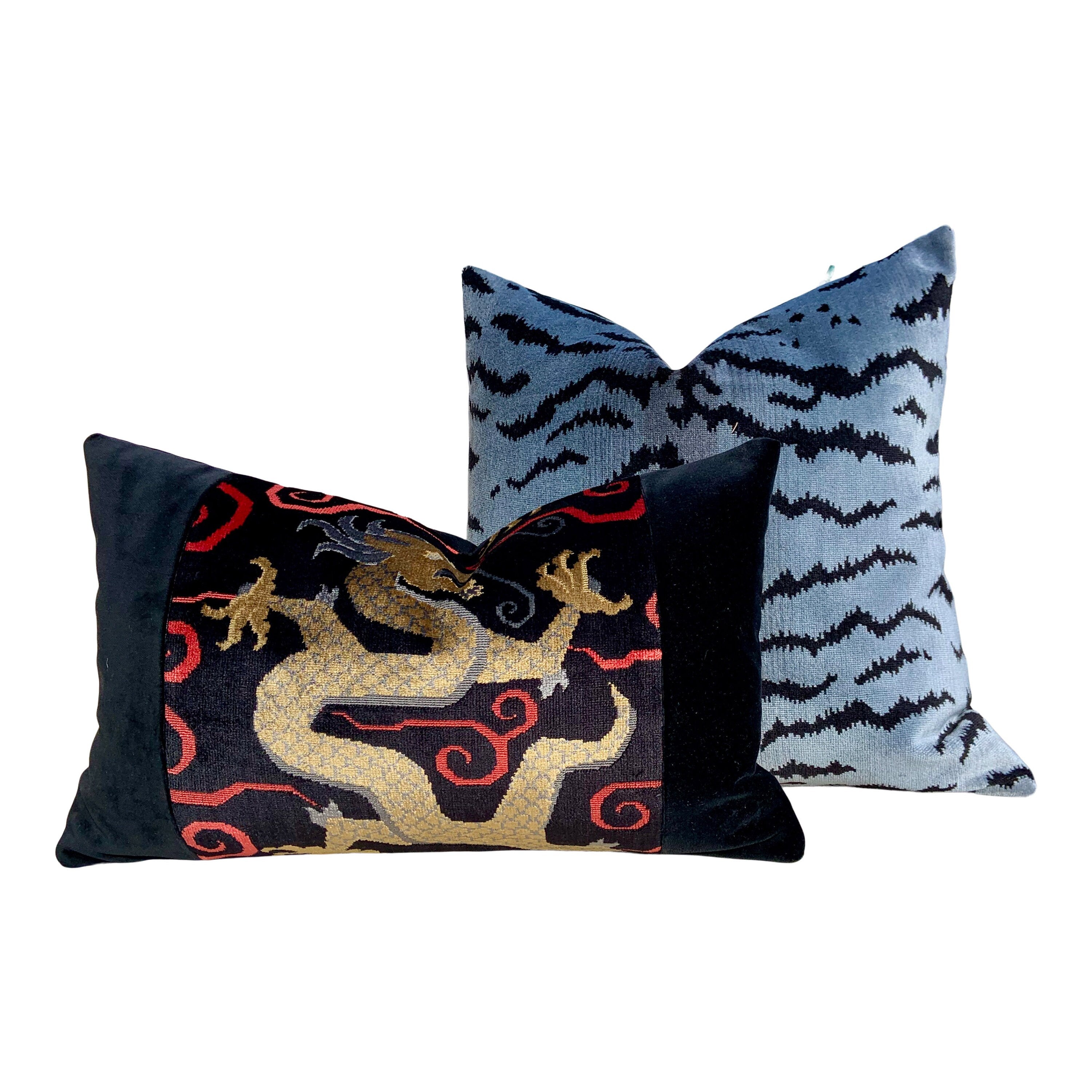 Schumacher Bixi Velvet Lumbar Pillow in Onyx. Lumbar Dragon Pillow, Black Dragon Pillow, Chinoiserie Velvet pillow