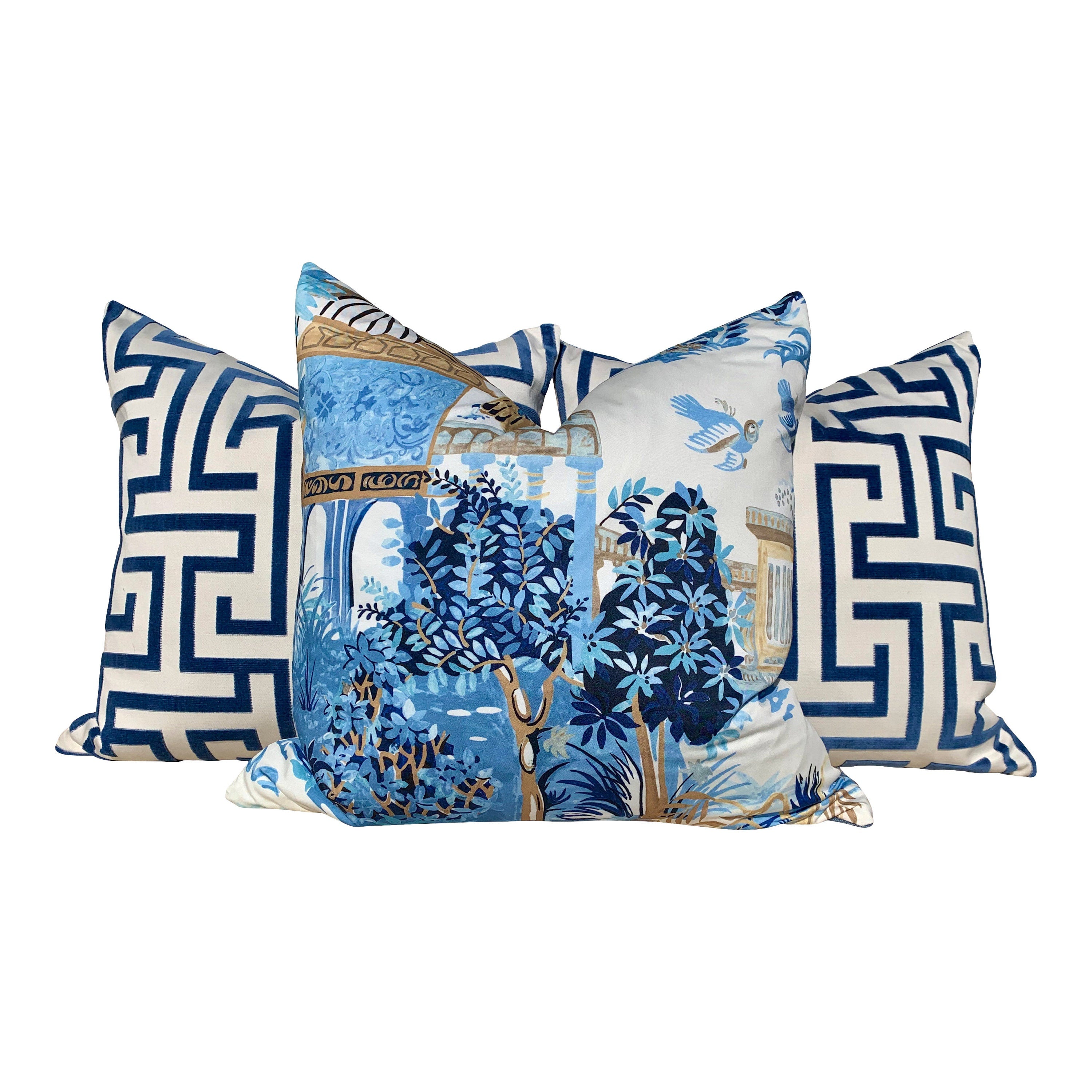 Ming Trail Pillow Ocean Blue. Lumbar Pillow, Chinoiserie Pillow, Blue and White Pillows, Velvet Bolster, Trellis Blue Pillow, Greek Key maze