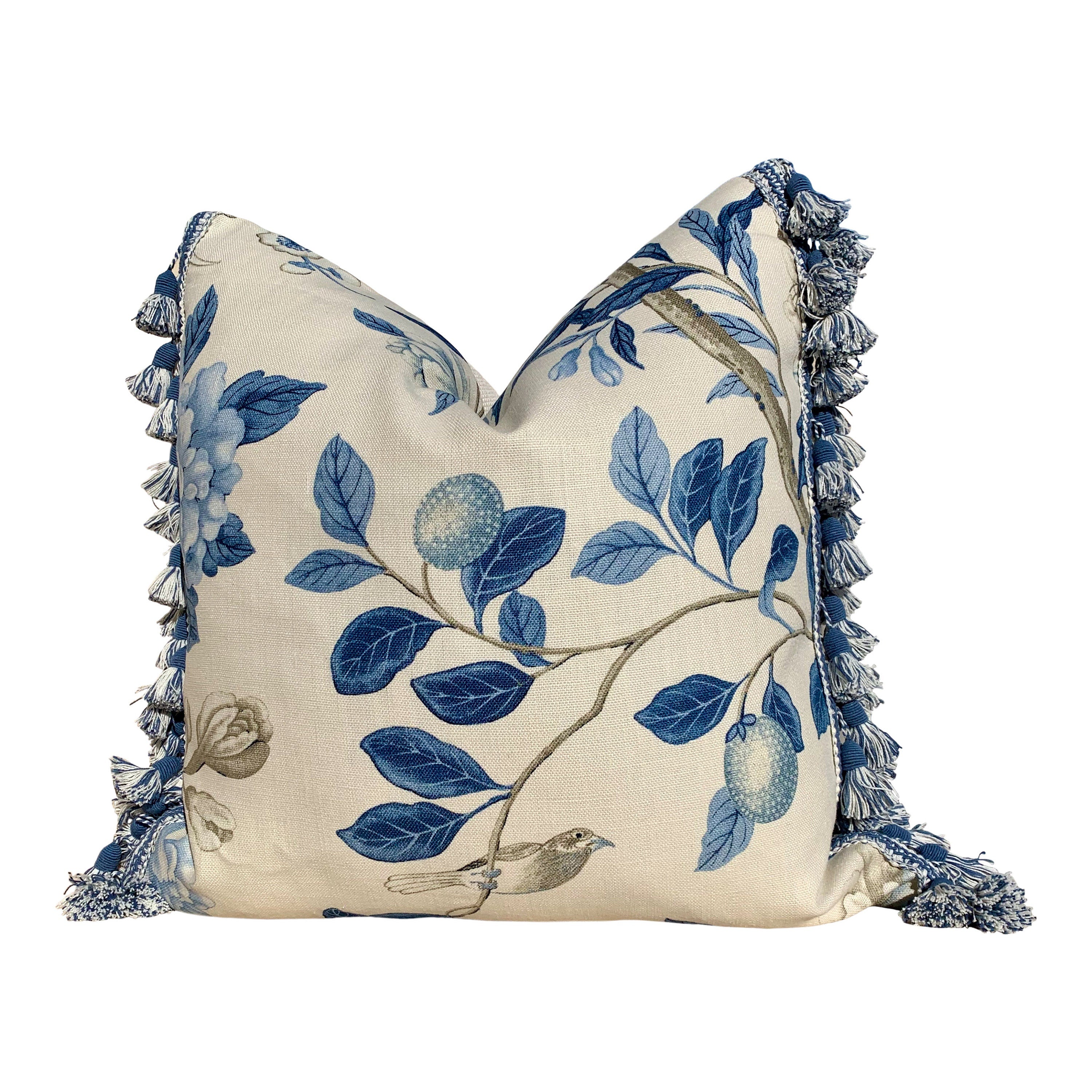Emperors Garden Pillow, Blue Tassel Trim. Lumbar Decorative Pillow, Designer pillows, accent Chinoiserie cushion cover, Floral Blue Pillow, 