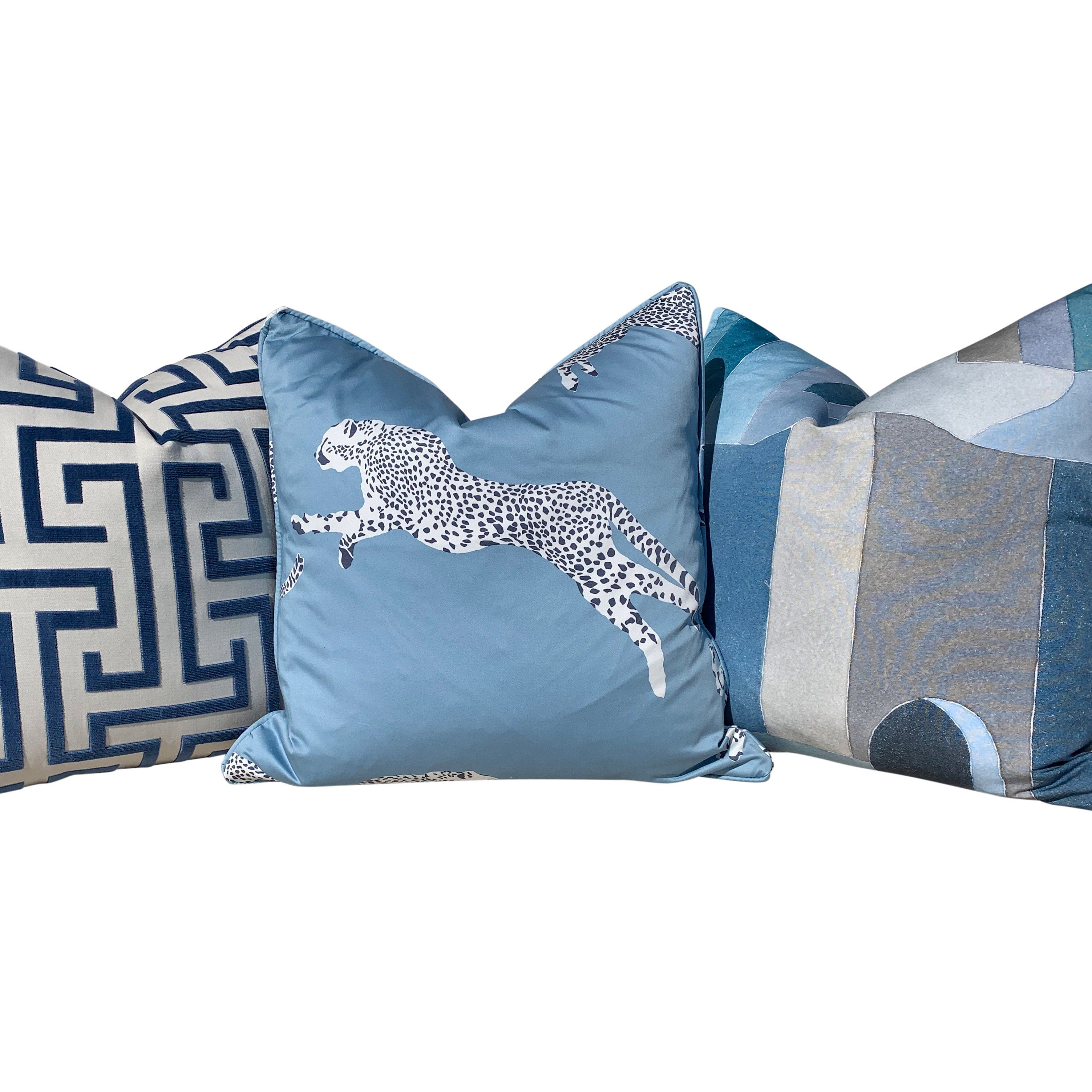 Leaping Cheetah Pillow in Blue. Lumbar Decorative Pillow Animal Print Decor, accent cushion,  high end pillow cover, exotic pillow cover