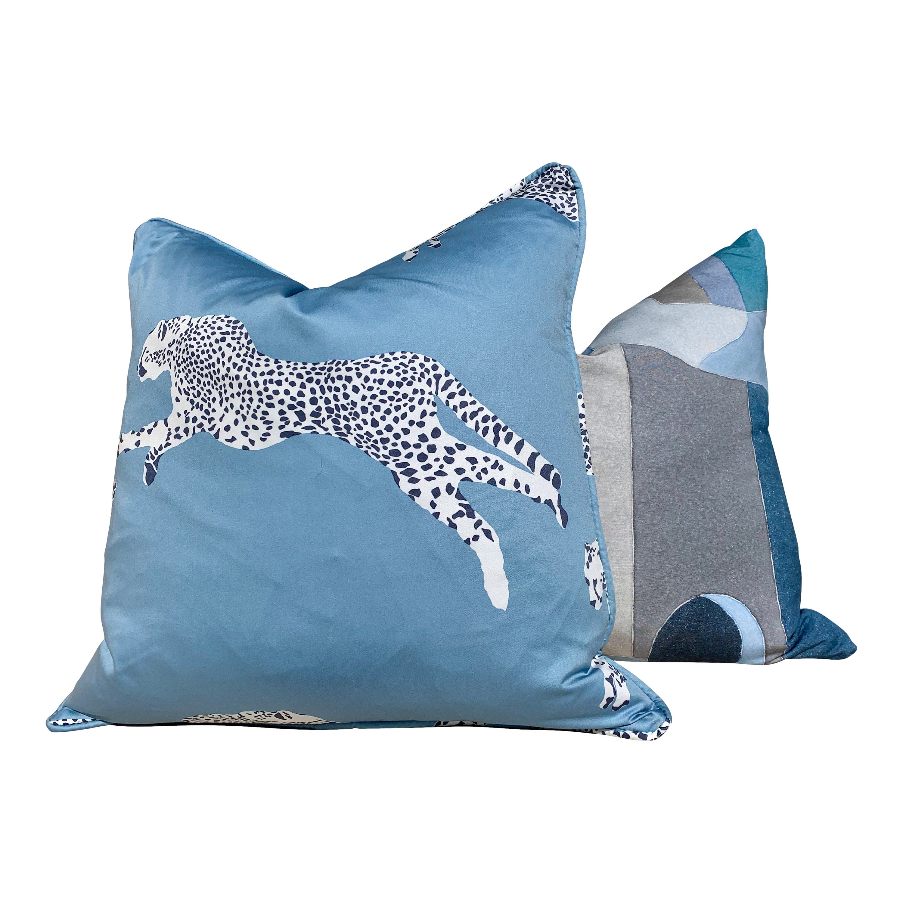 Leaping Cheetah Pillow in Blue. Lumbar Decorative Pillow Animal Print Decor, accent cushion,  high end pillow cover, exotic pillow cover