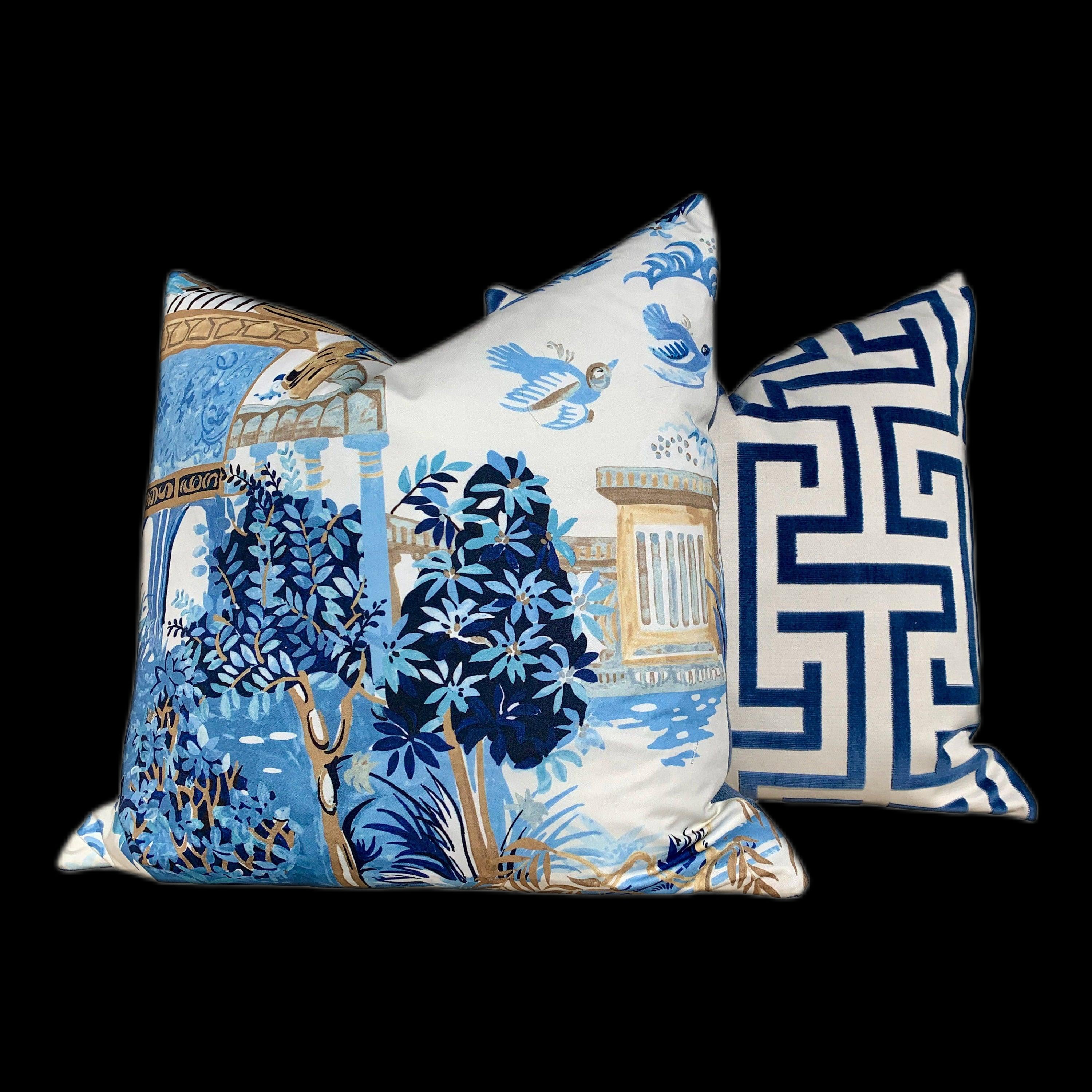 Mystic Garden Pillow in Blue and Beige. Porcelain Blue Pillow Blue Lumbar Pillow Euro Sham Pillow Designer Pillow Cover Accent Throw Cushion