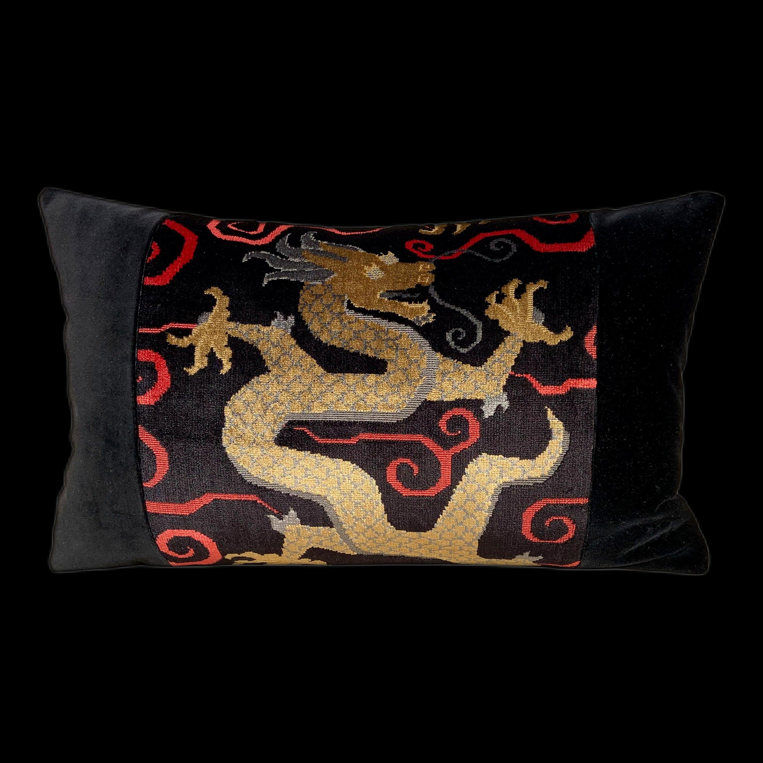 Schumacher Bixi Velvet Lumbar Pillow in Onyx. Lumbar Dragon Pillow, Black Dragon Pillow, Chinoiserie Velvet pillow
