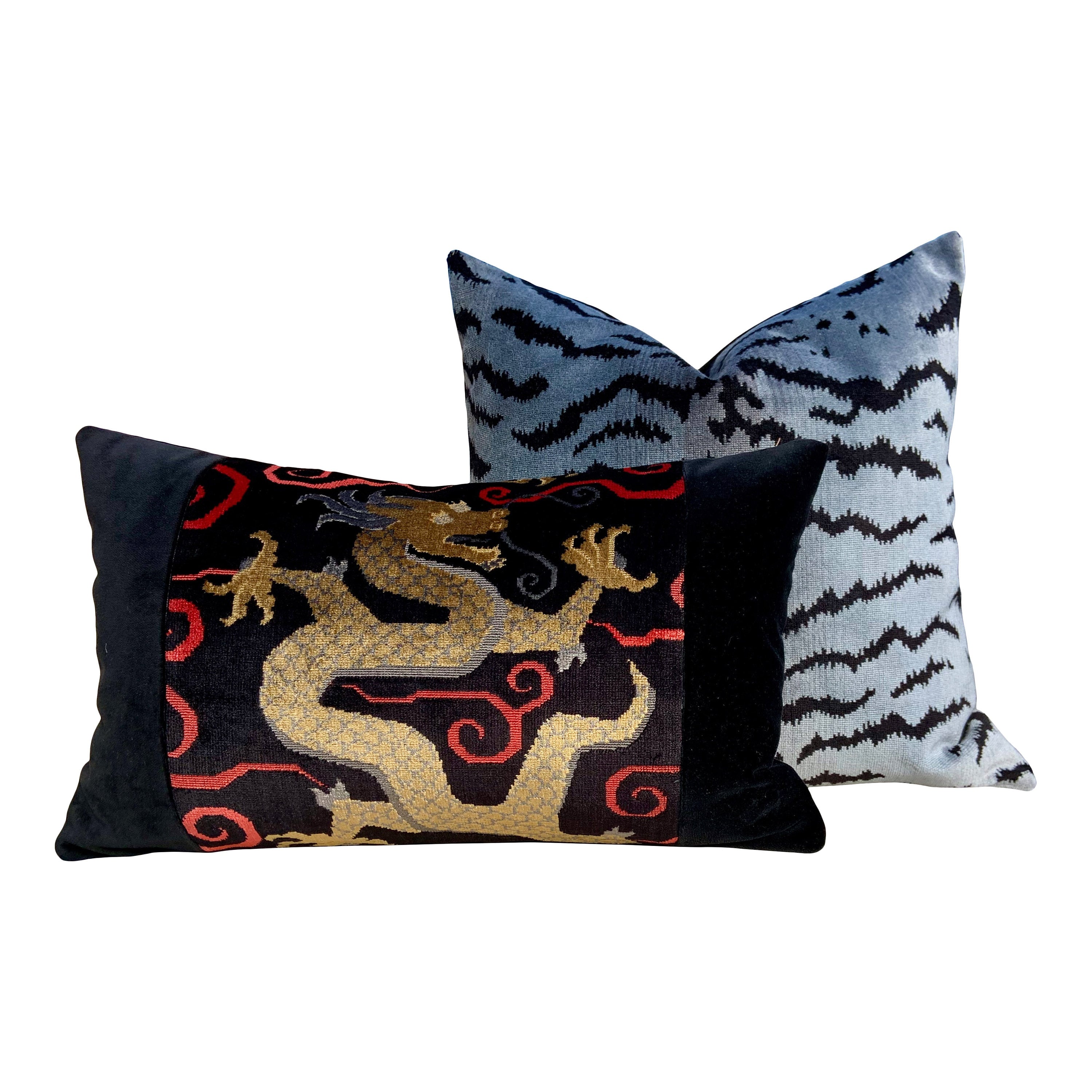 Schumacher Bixi Velvet Lumbar Pillow in Onyx. Lumbar Dragon Pillow, Black Dragon Pillow, Chinoiserie Velvet pillow