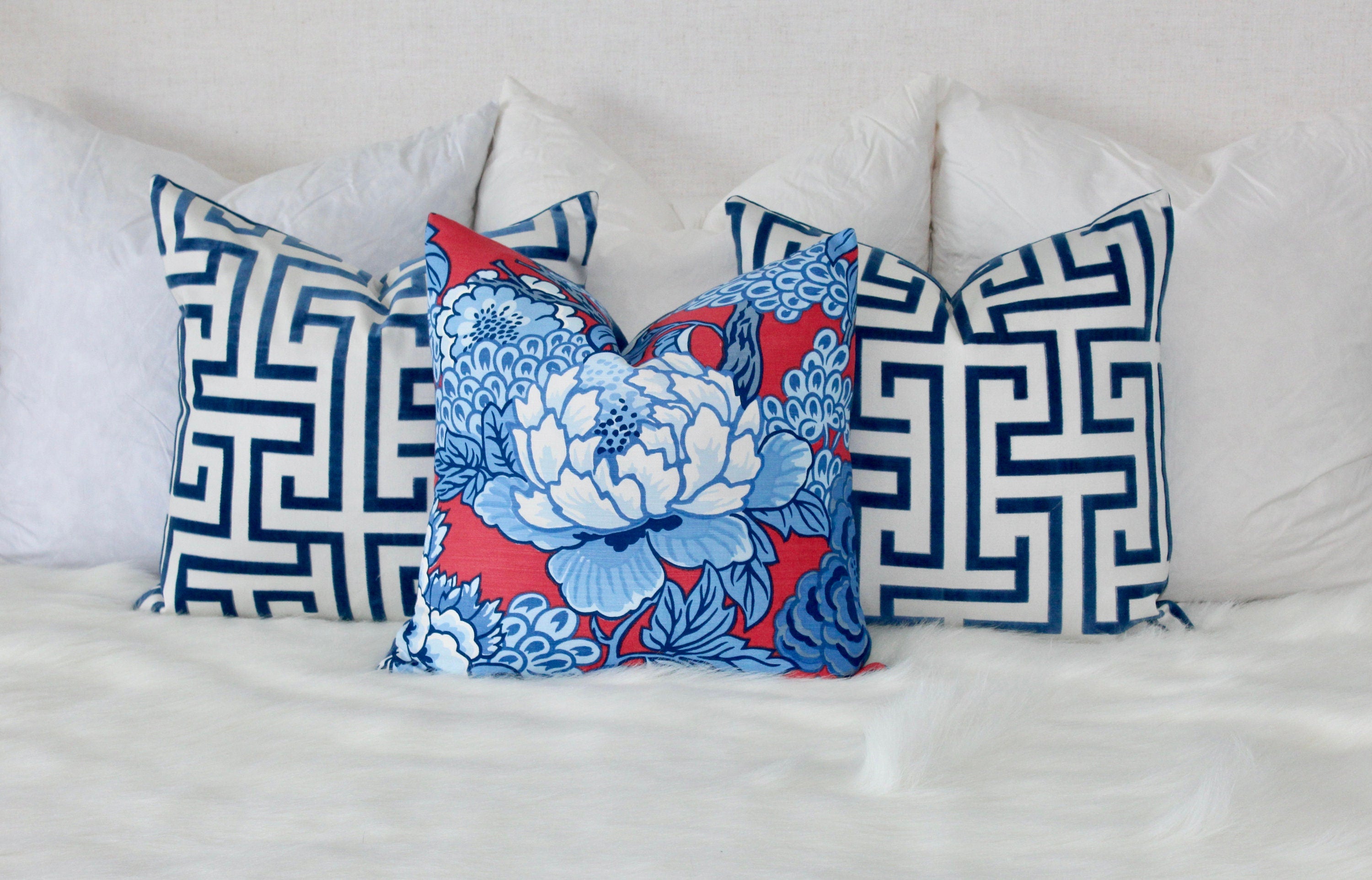 Thibaut Honshu Pillow in Blue and Red. Chinoiserie Floral Pillow, Accent Pillow cover, High End Cushion, Euro Sham, Designer Throw Pillow