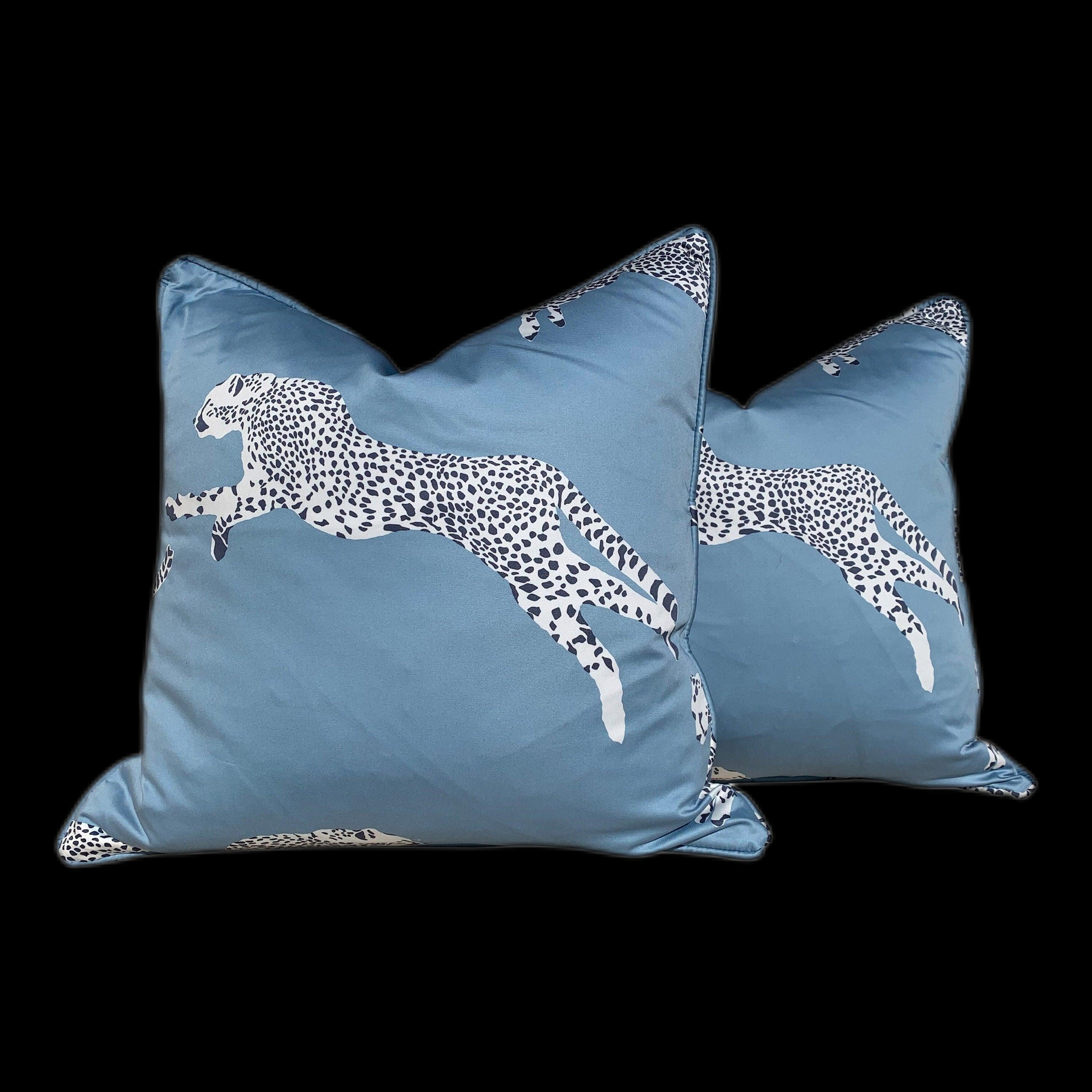 Leaping Cheetah Pillow in Blue. Lumbar Decorative Pillow Animal Print Decor, accent cushion,  high end pillow cover, exotic pillow cover