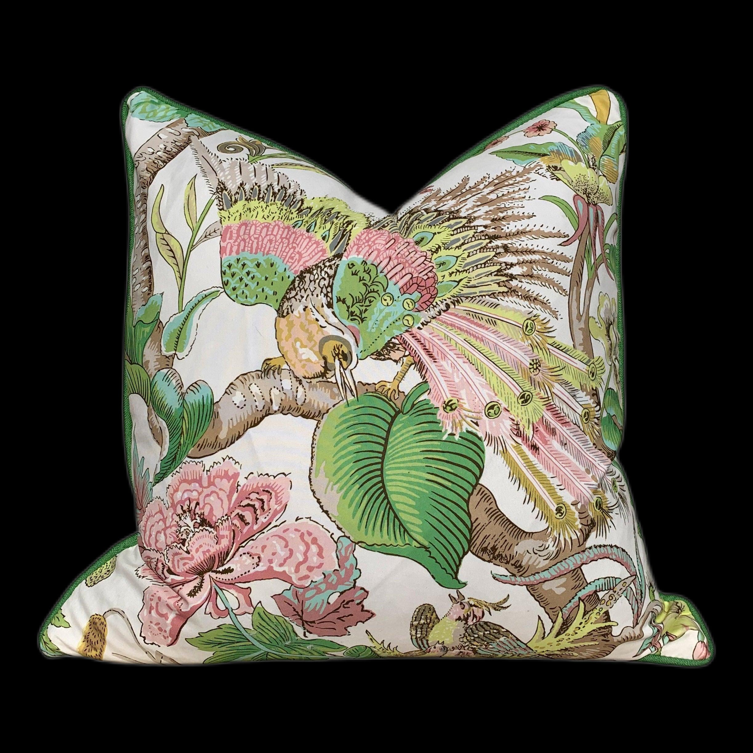 Schumacher Cranley Garden Green Pillow. Chinoiserie Green Pillow, Green Pink Pillow, Euro sham Cushion, Exotic Bird Accent Cushion Cover