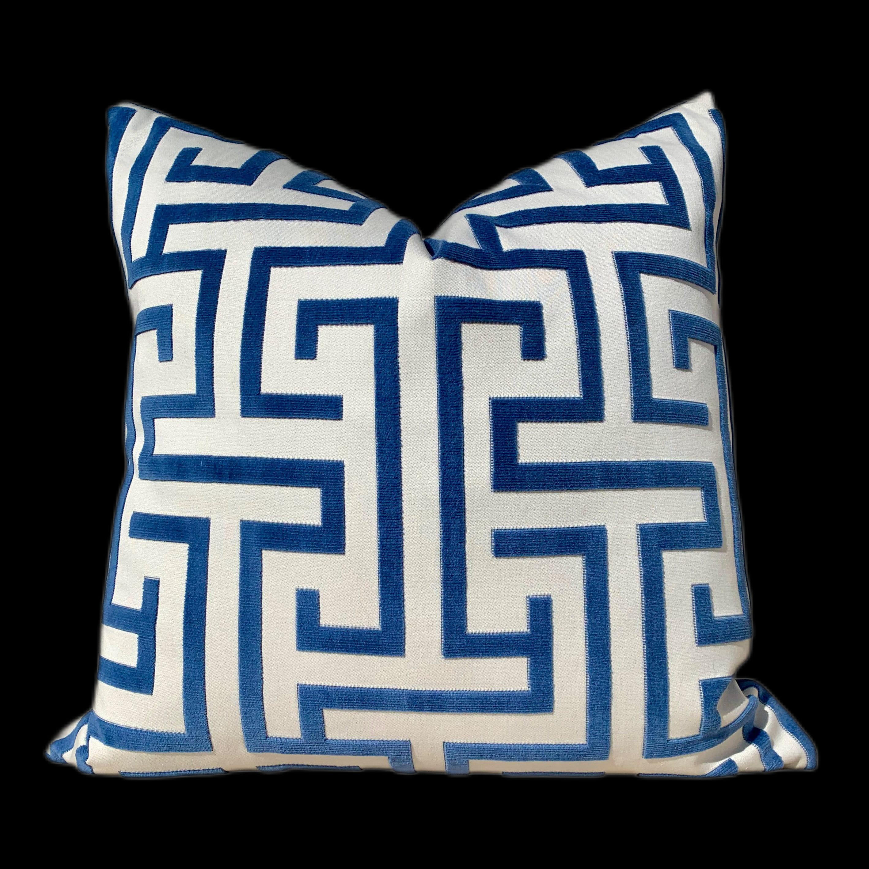 Ming Trail Pillow Ocean Blue. Lumbar Pillow, Chinoiserie Pillow, Blue and White Pillows, Velvet Bolster, Trellis Blue Pillow, Greek Key maze