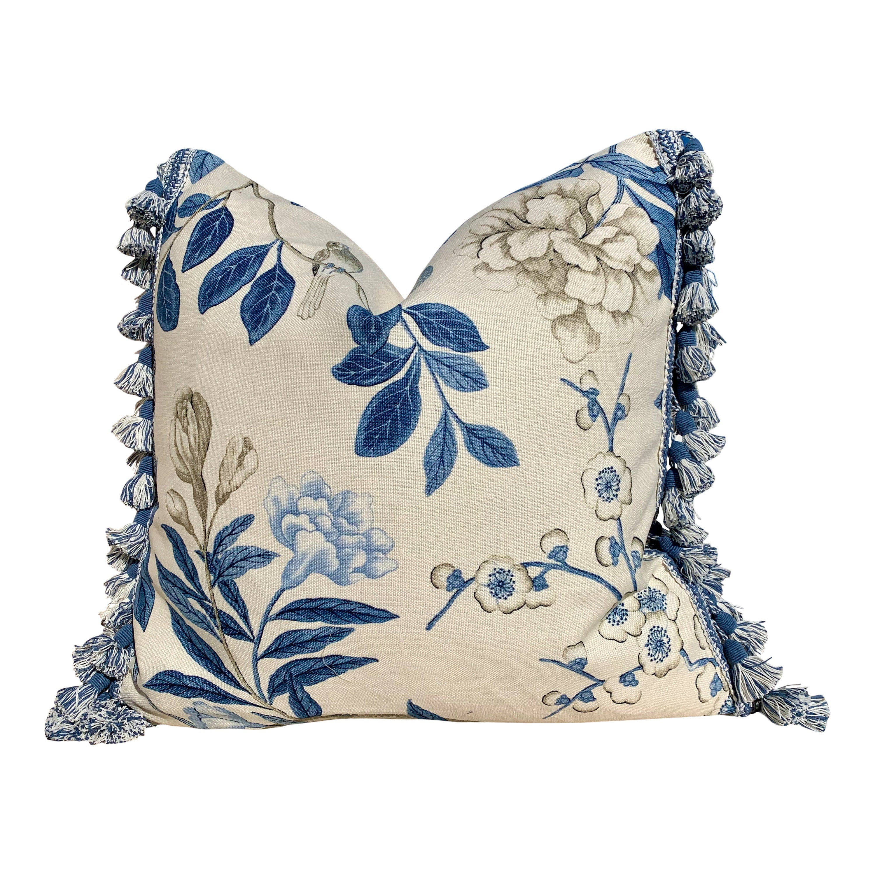 Emperors Garden Pillow, Blue Tassel Trim. Lumbar Decorative Pillow, Designer pillows, accent Chinoiserie cushion cover, Floral Blue Pillow, 