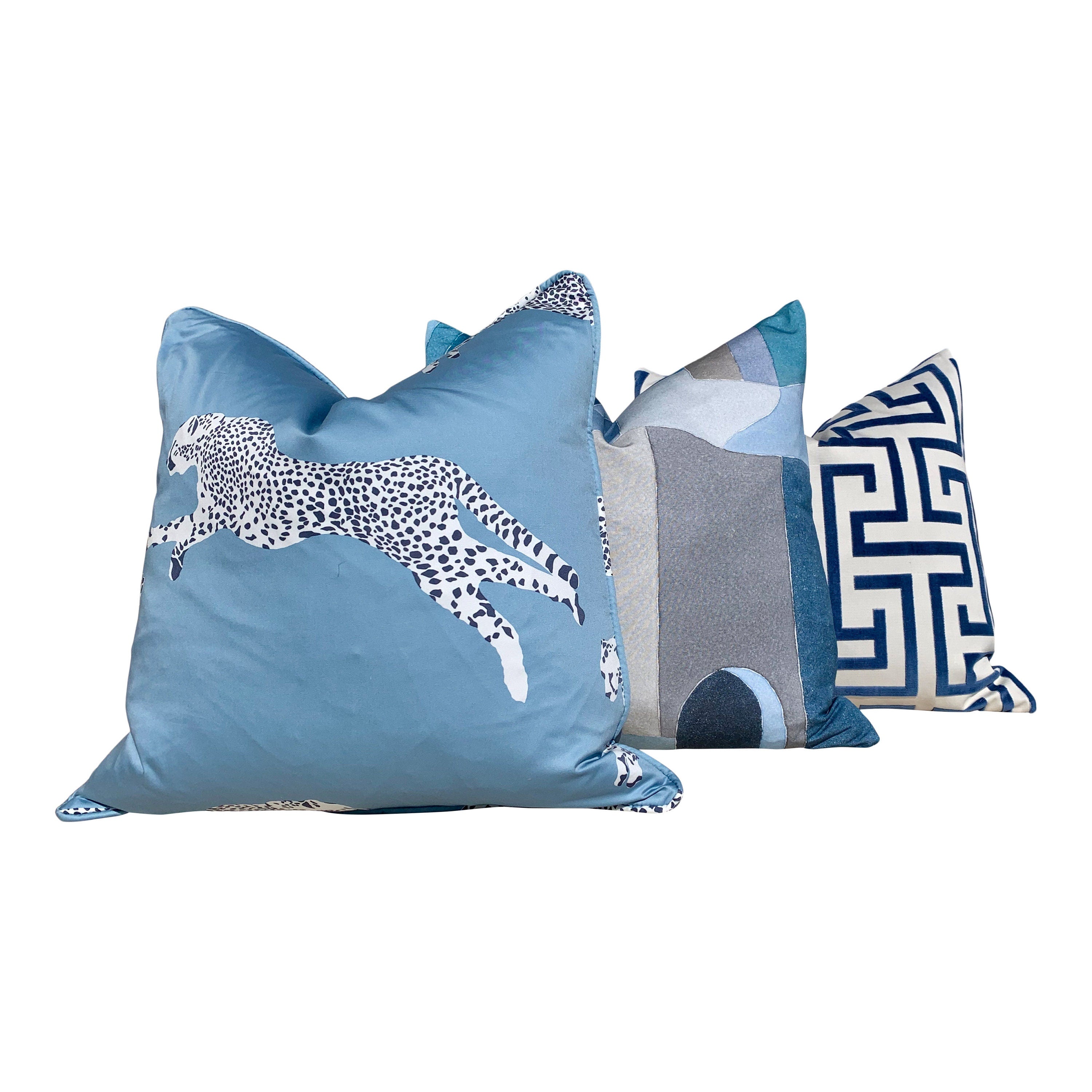Leaping Cheetah Pillow in Blue. Lumbar Decorative Pillow Animal Print Decor, accent cushion,  high end pillow cover, exotic pillow cover