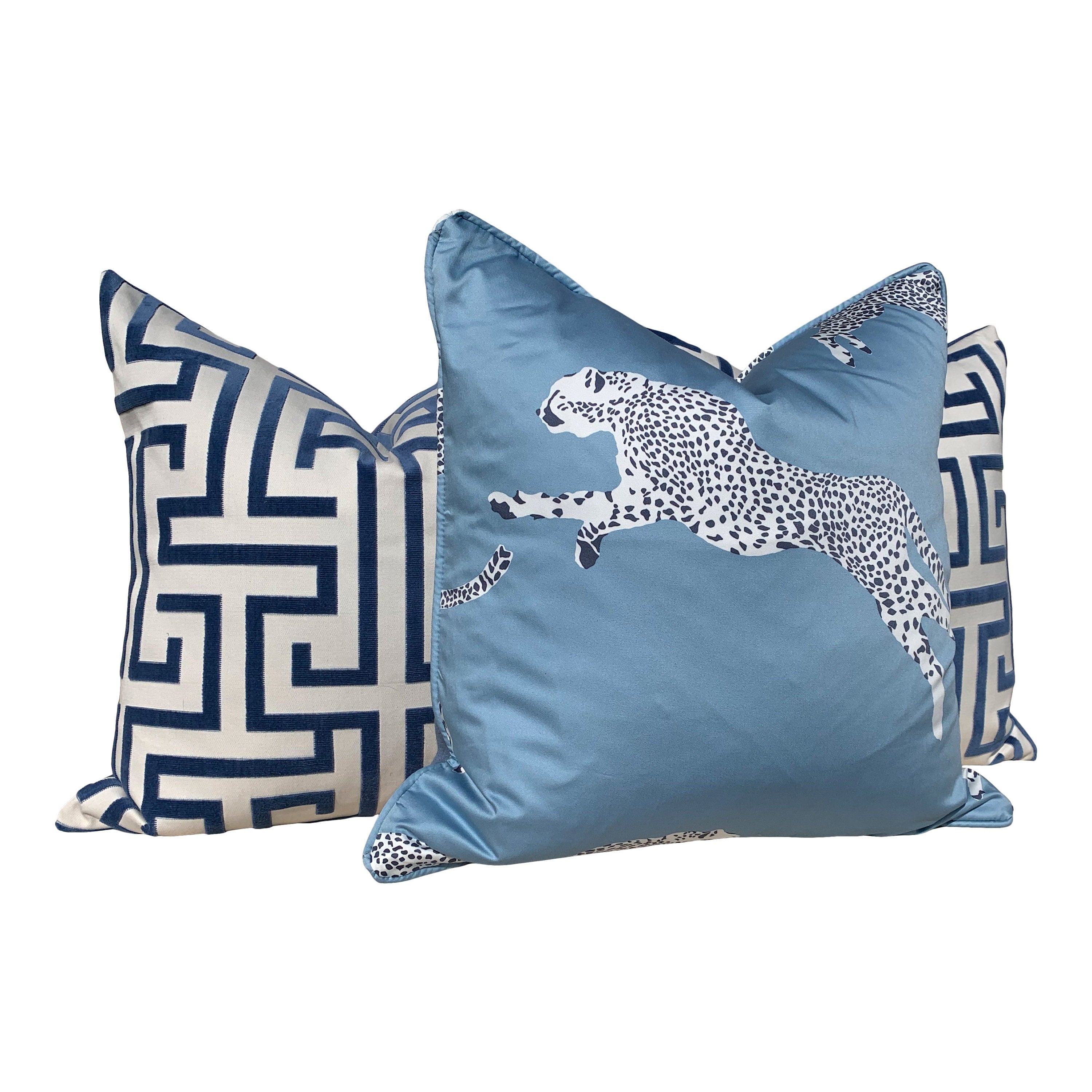 Leaping Cheetah Pillow in Blue. Lumbar Decorative Pillow Animal Print Decor, accent cushion,  high end pillow cover, exotic pillow cover