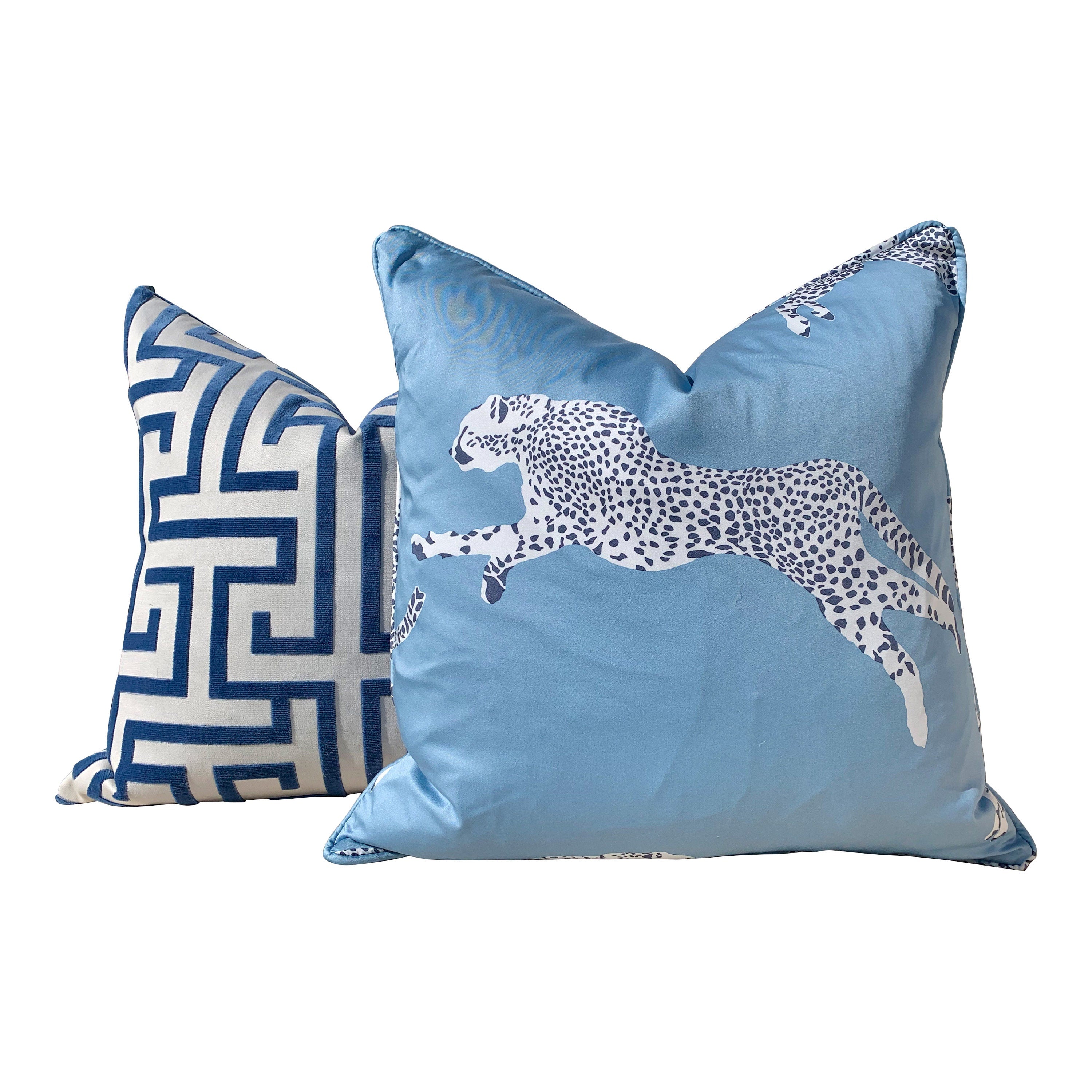 Leaping Cheetah Pillow in Blue. Lumbar Decorative Pillow Animal Print Decor, accent cushion,  high end pillow cover, exotic pillow cover