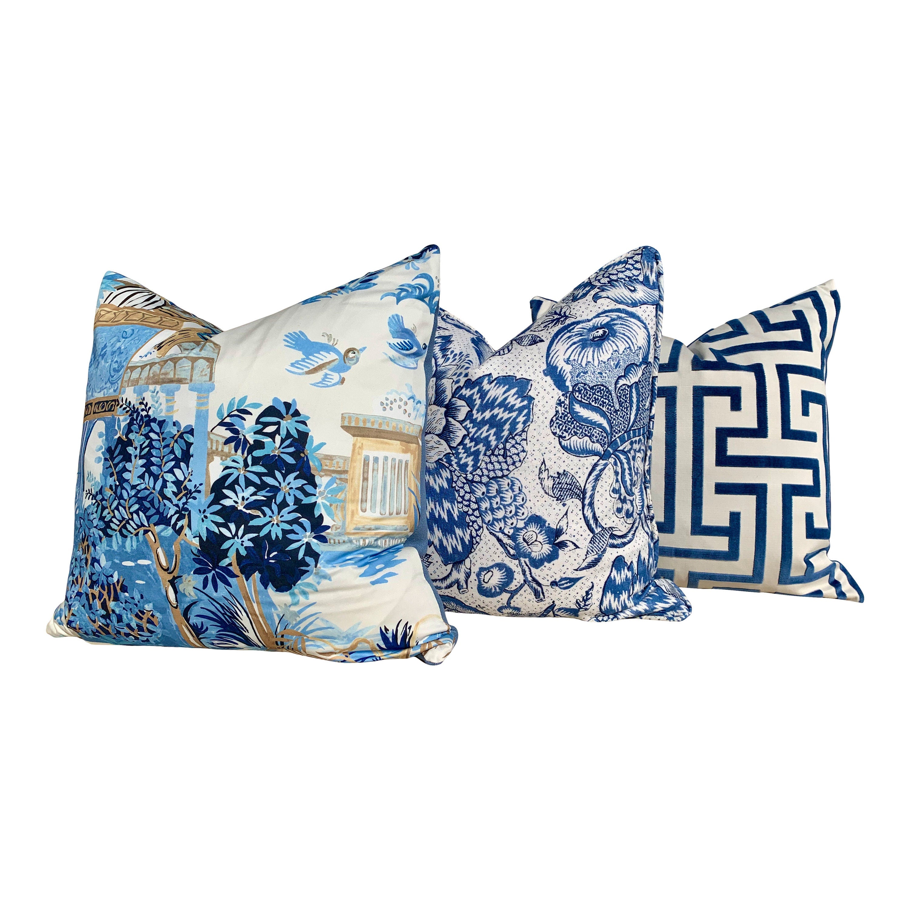 Mystic Garden Pillow in Blue and Beige. Porcelain Blue Pillow Blue Lumbar Pillow Euro Sham Pillow Designer Pillow Cover Accent Throw Cushion