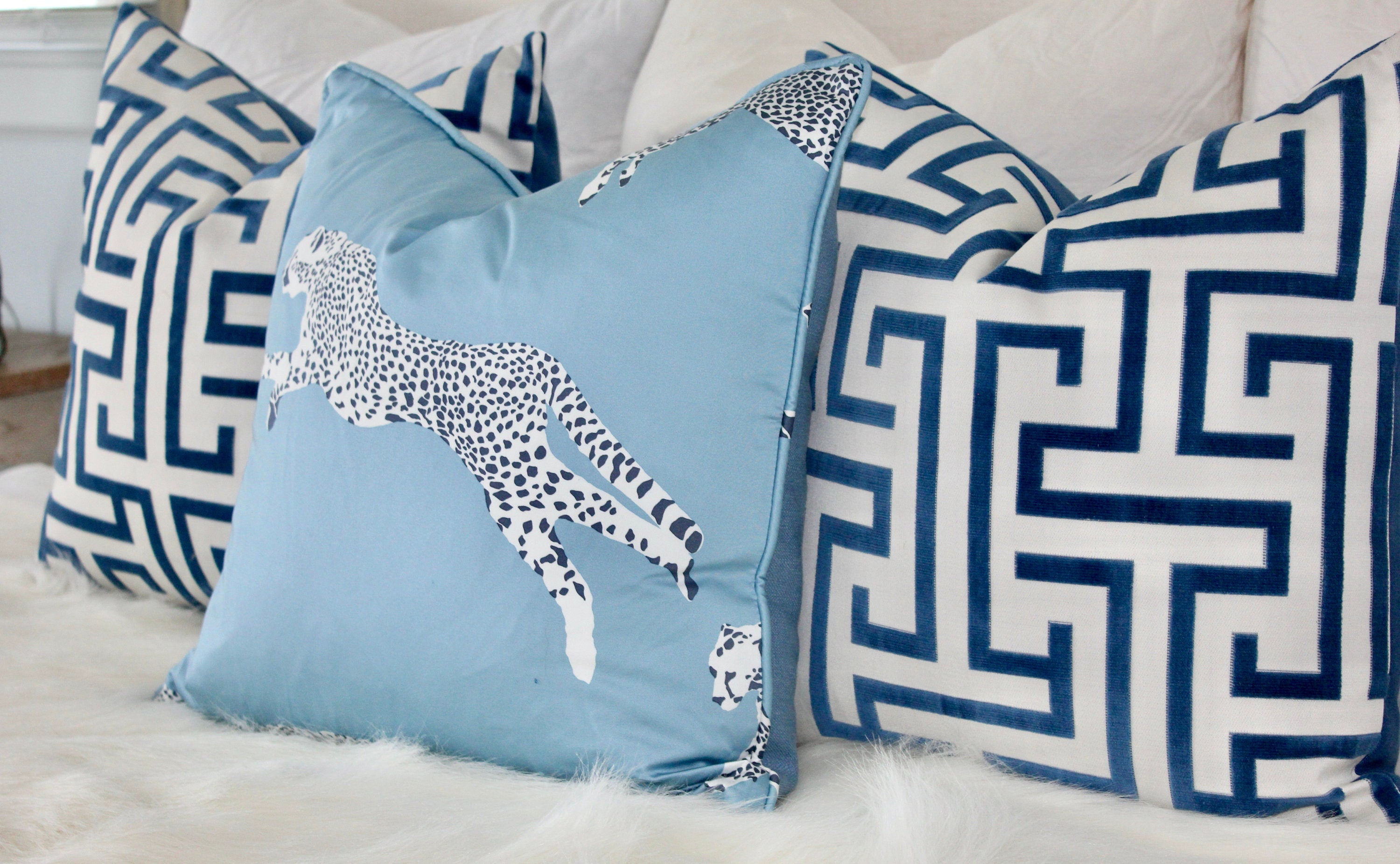Leaping Cheetah Pillow in Blue. Lumbar Decorative Pillow Animal Print Decor, accent cushion,  high end pillow cover, exotic pillow cover