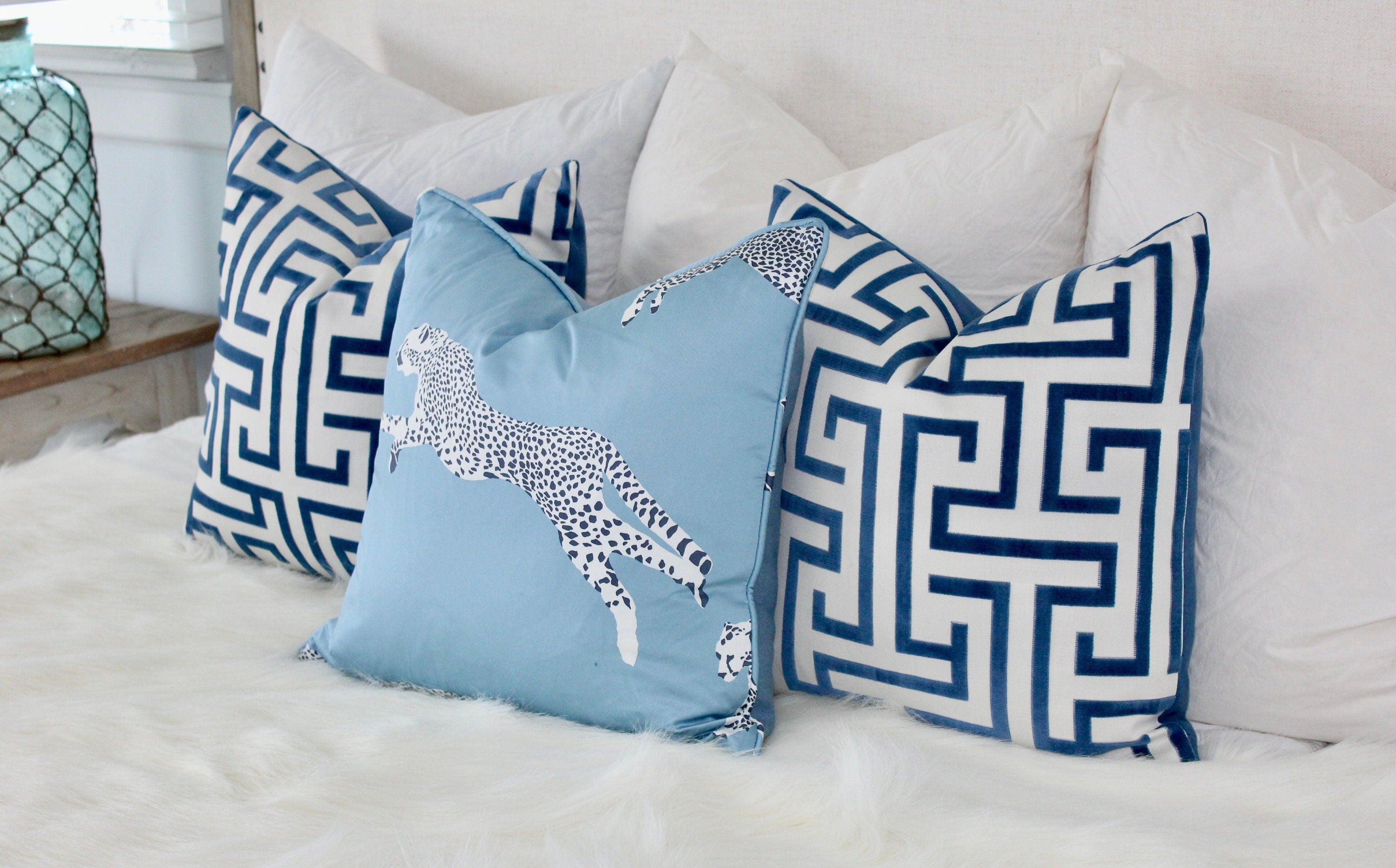 Leaping Cheetah Pillow in Blue. Lumbar Decorative Pillow Animal Print Decor, accent cushion,  high end pillow cover, exotic pillow cover