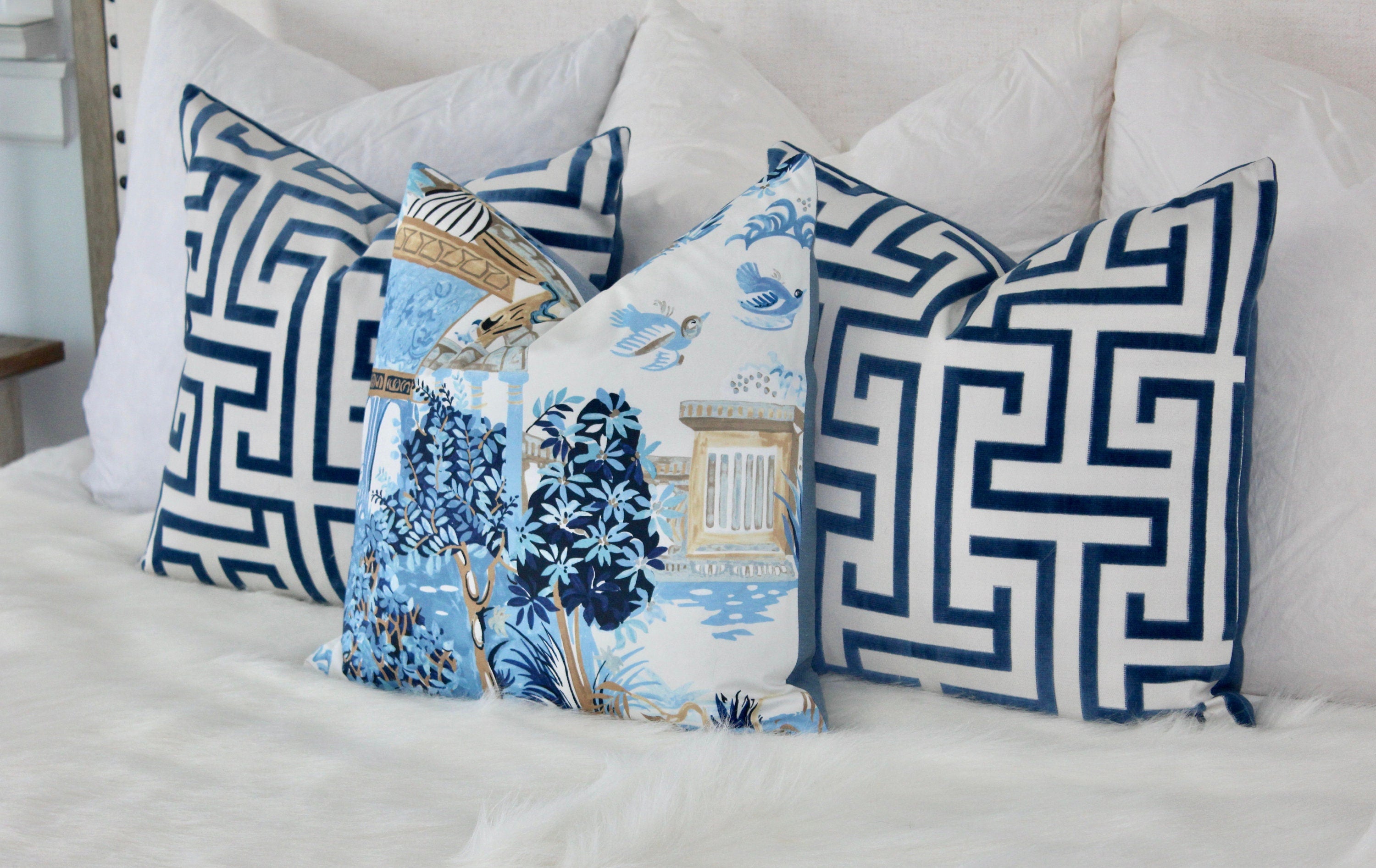 Mystic Garden Pillow in Blue and Beige. Porcelain Blue Pillow Blue Lumbar Pillow Euro Sham Pillow Designer Pillow Cover Accent Throw Cushion