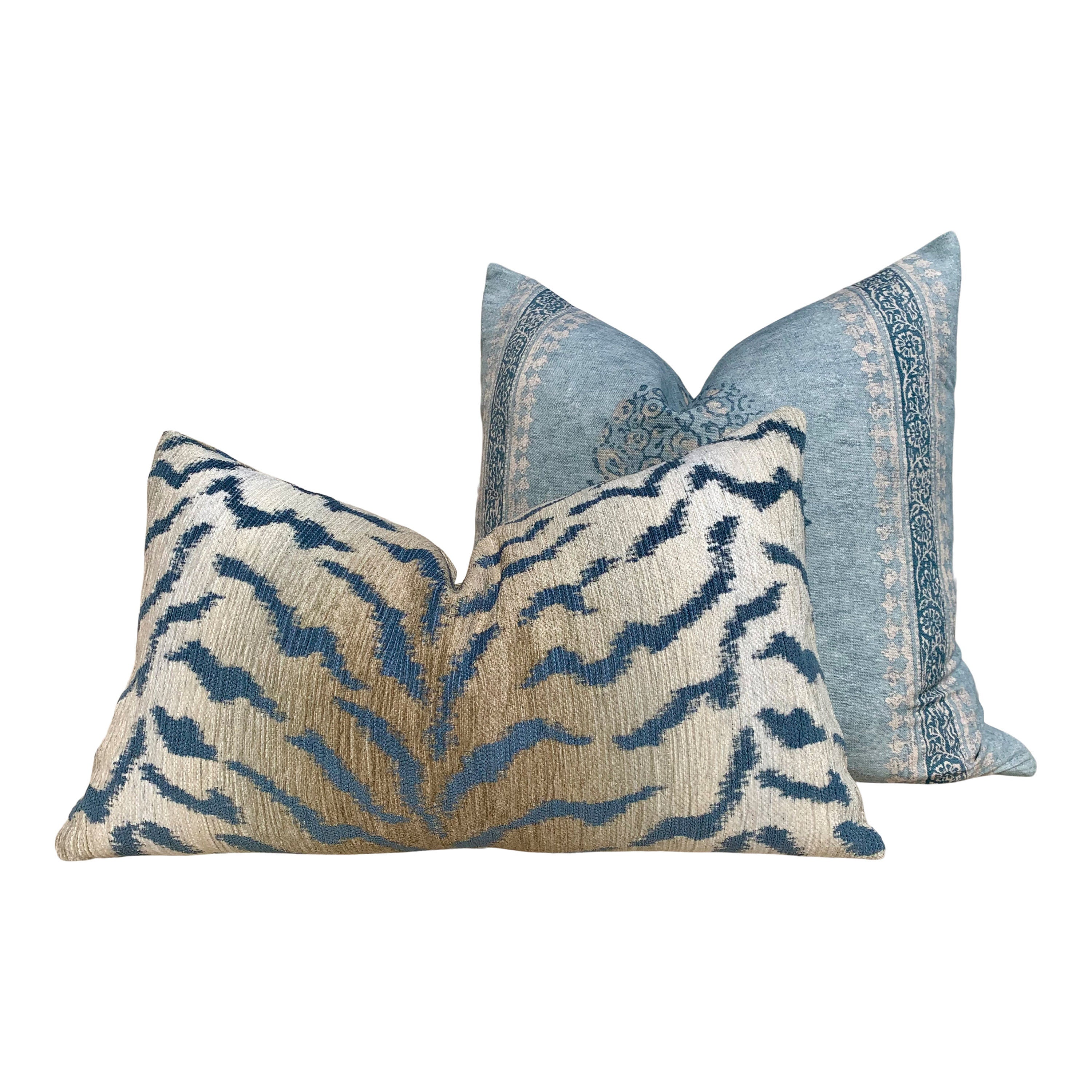 Tiger Stripes Woven Pillow in Spa. Animal Stripes  Lumbar Pillow, Aqua Blue Designer pillow, accent cushion cover, Beige Blue Throw Pillow