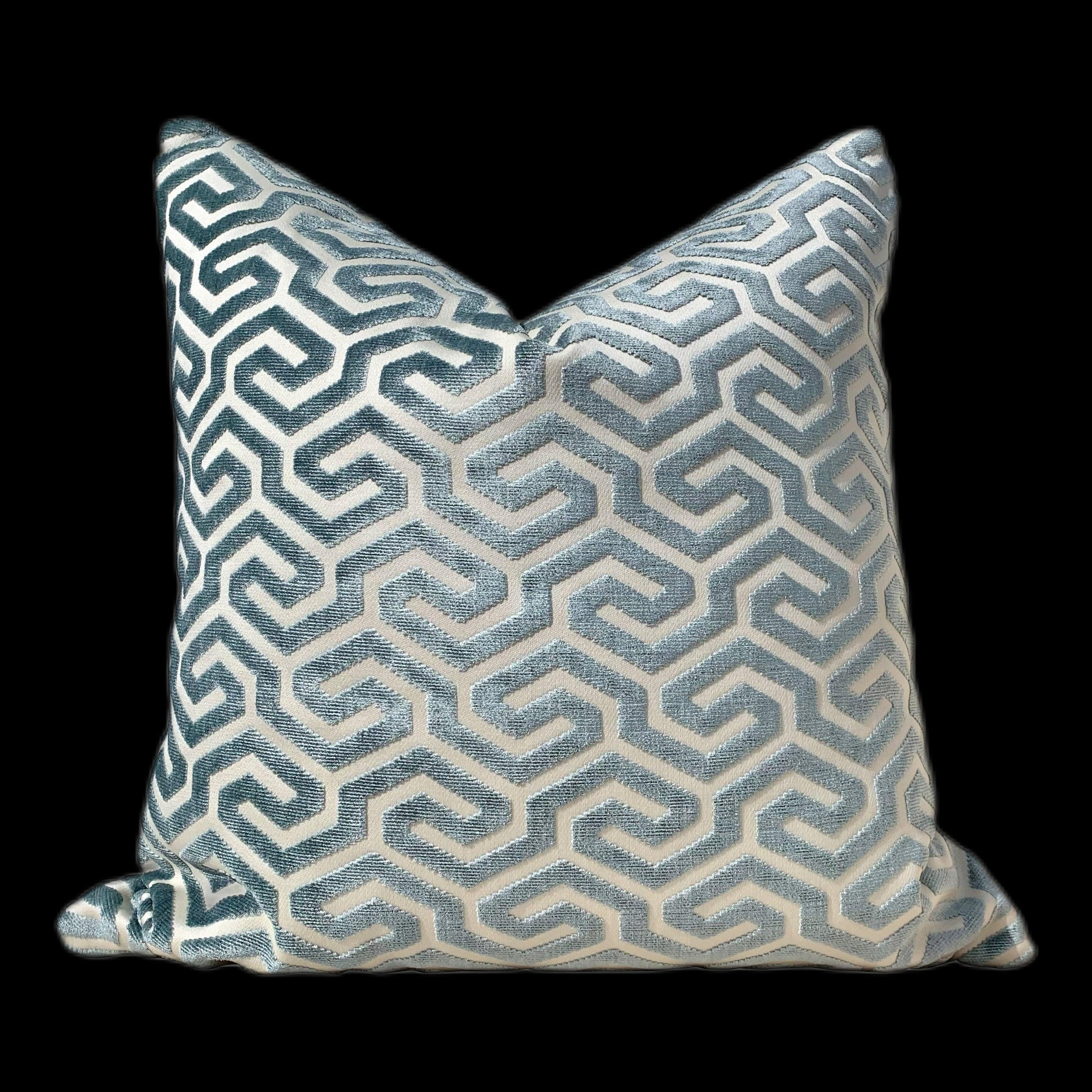 Schumacher Ming Fret Velvet Pillow in Mineral. Velvet Lumbar Pillow // Lumbar Velvet Pillow // Chinoiserie Pillow //Maze Velvet Pillow